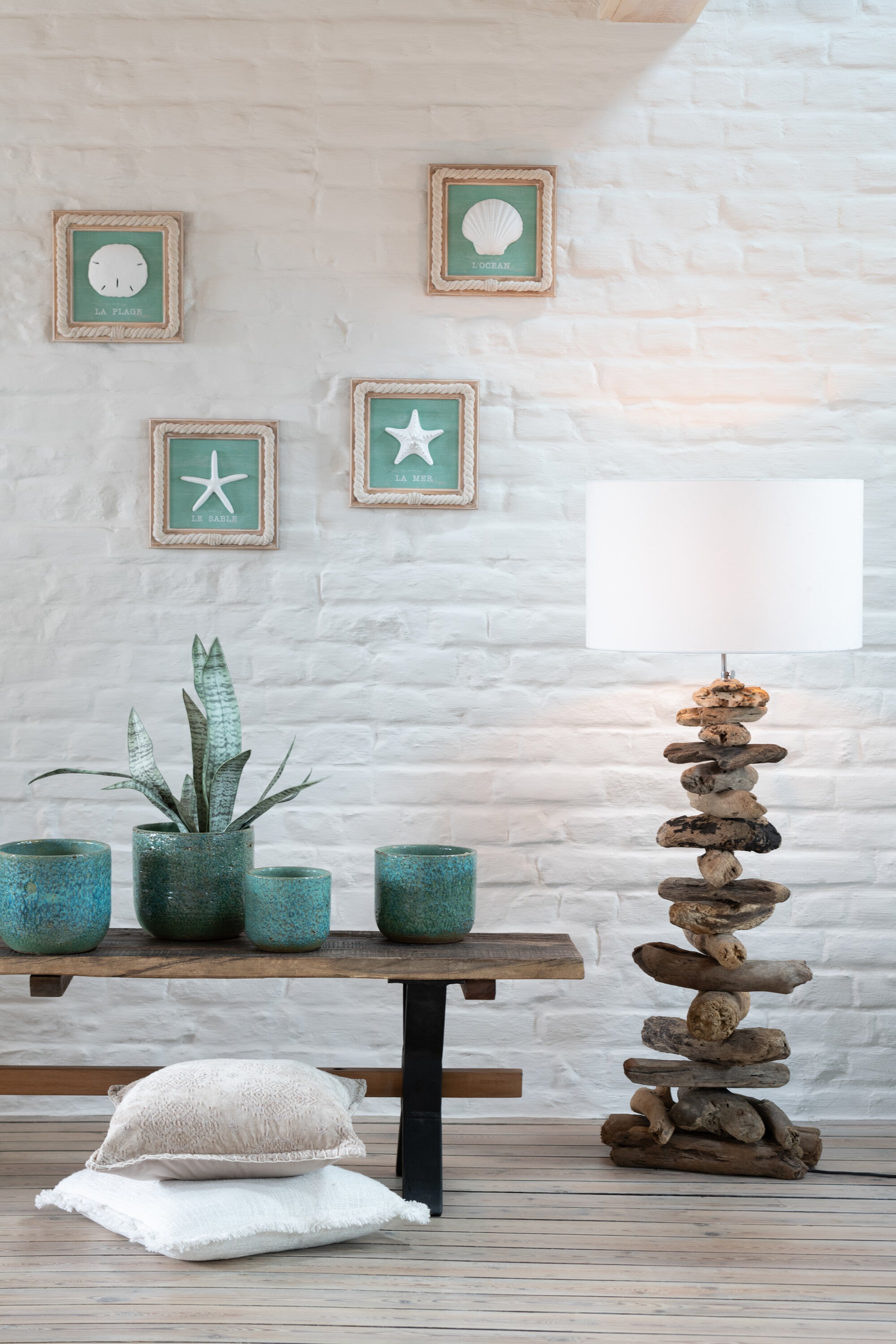 Lampe en bois flotté + abat-jour naturel/beige M - J-LINE