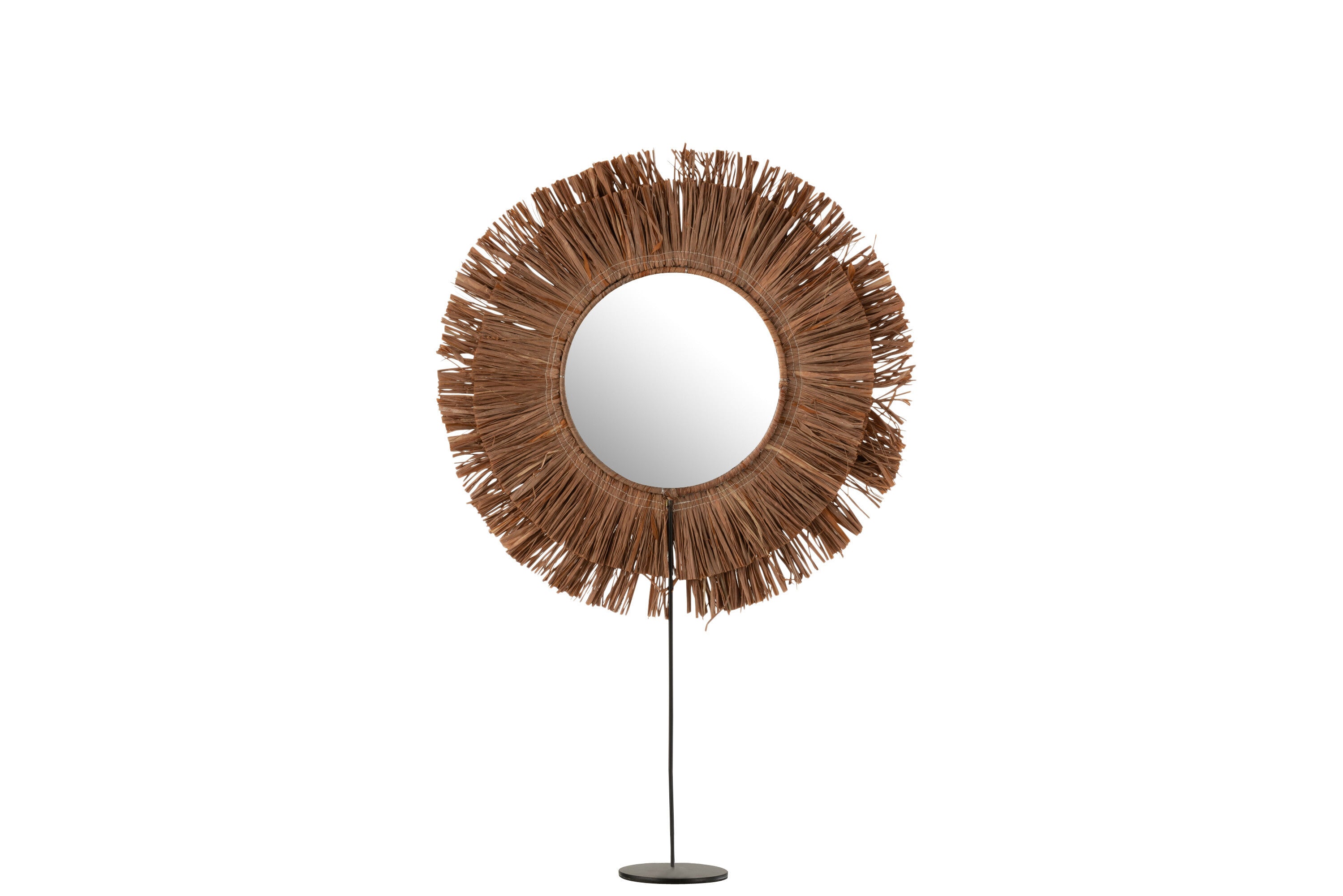 Spiegel op voet rond riet raffia bruin - J-LINE