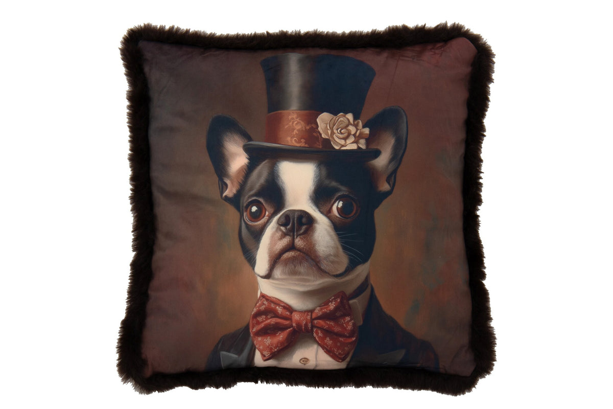 Kussen bulldog met hoed, bruin - J-Line