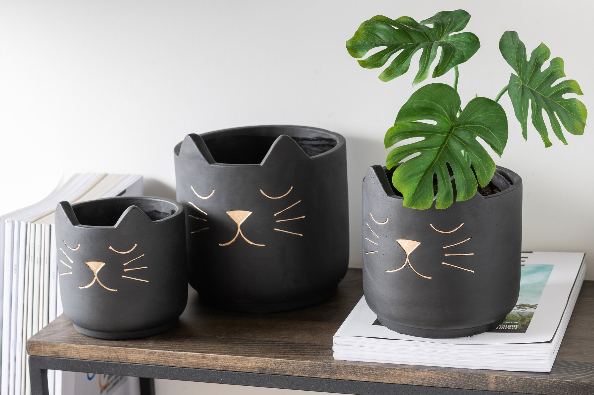 Bloempot Kat Keramiek Zwart/Goud Groot - J-LINE