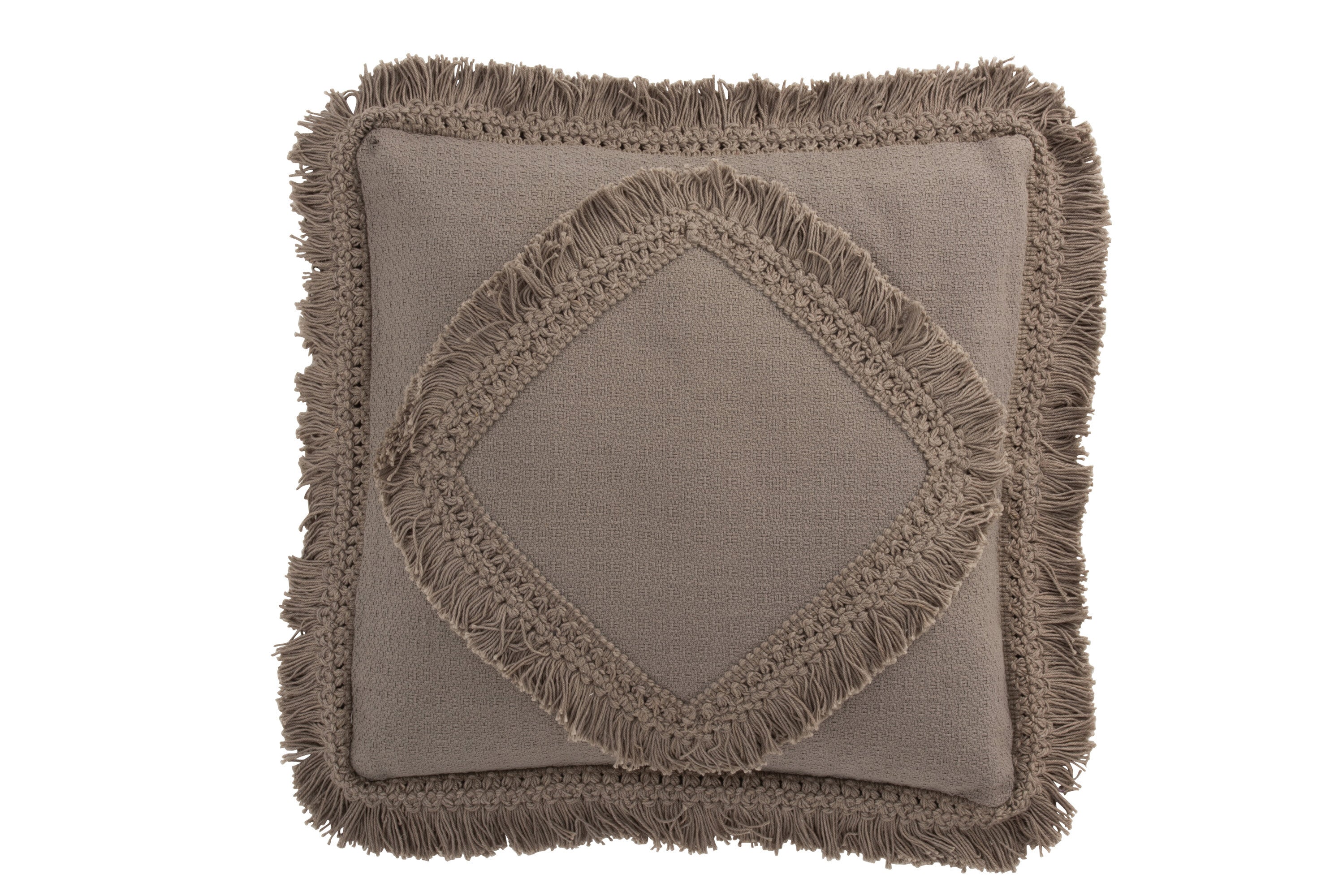 Kussen met franje vierkant katoen taupe - J-LINE