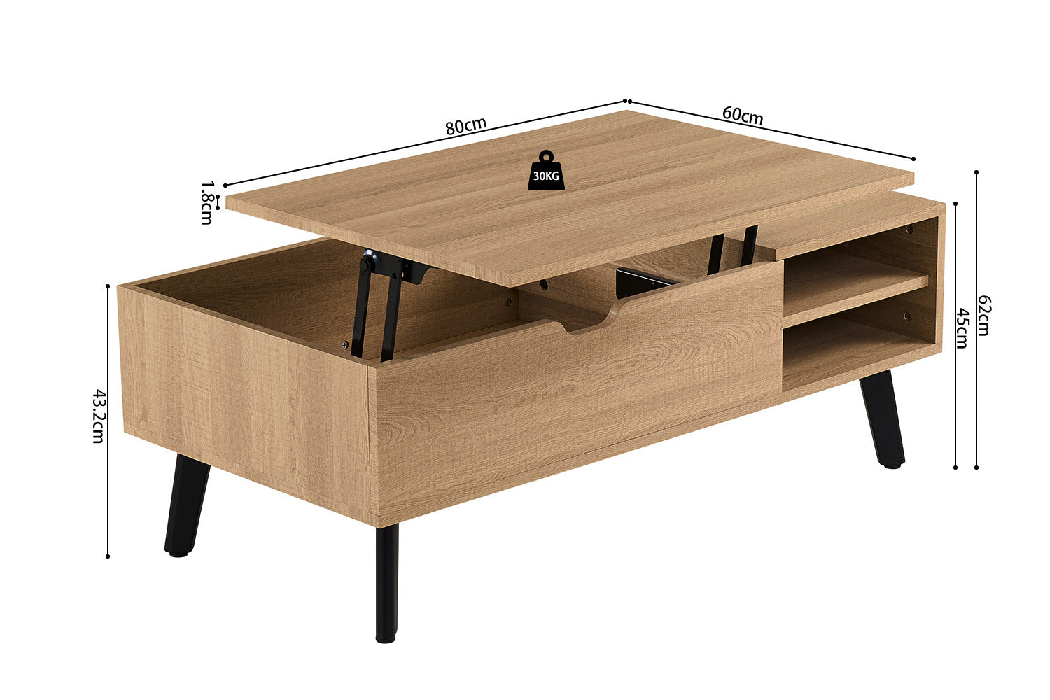 Salontafel 'Justine' Opklapbare top Decor Eik Naturel - RS