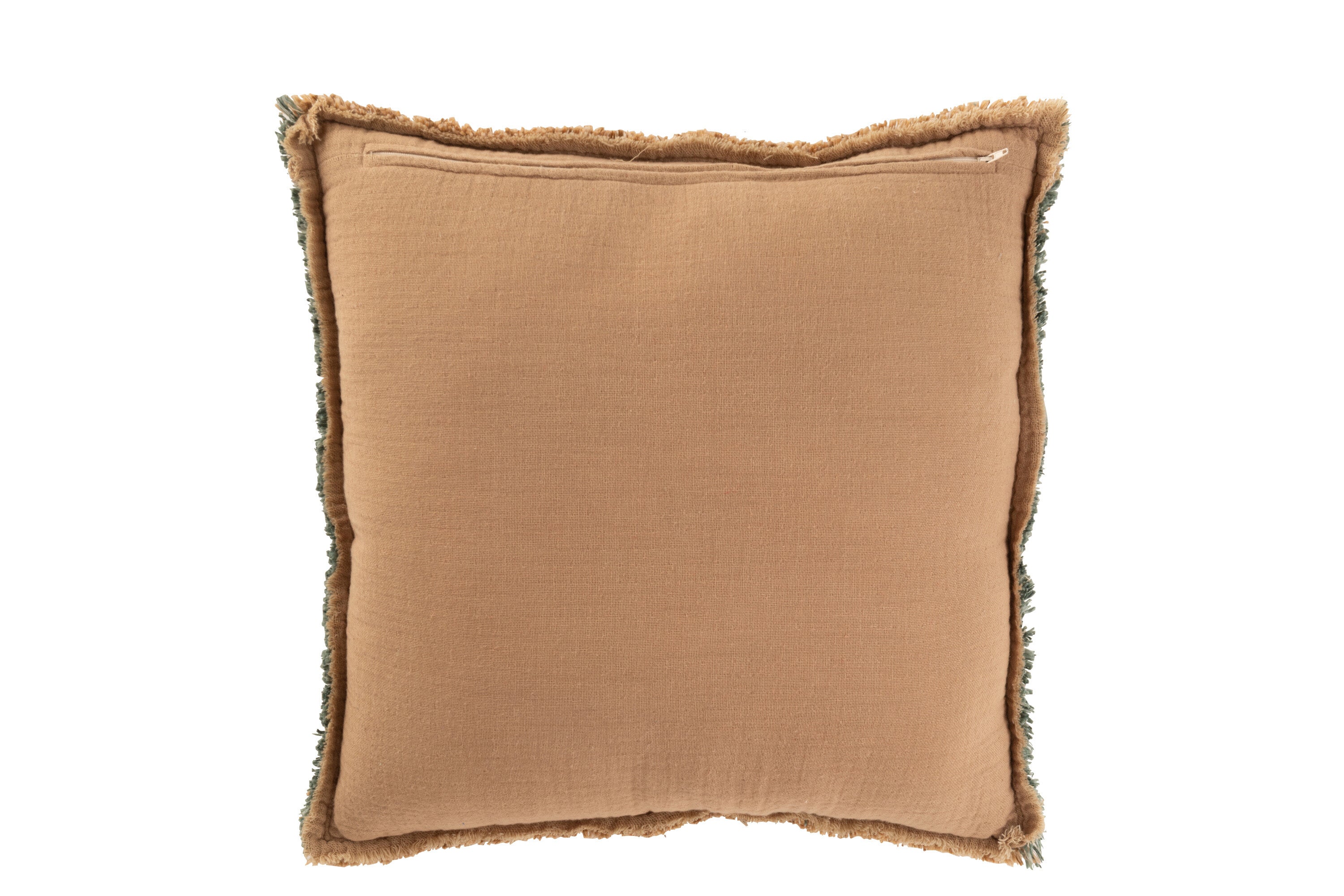 Kussen rafelig polyester/katoen lichtbruin/groen - J-LINE