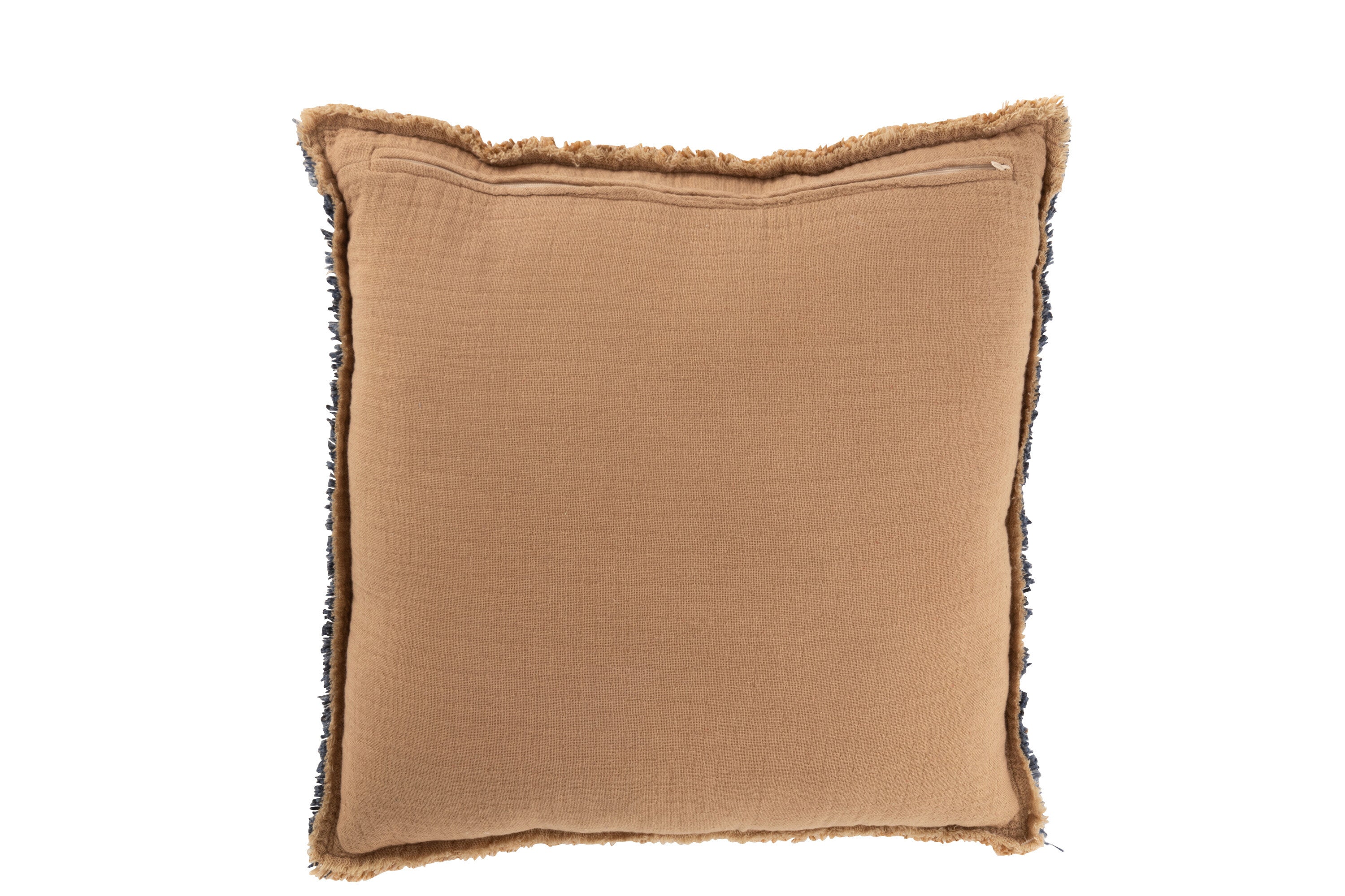 Kussen rafelige polyester/katoen lichtbruin/blauw - J-LINE