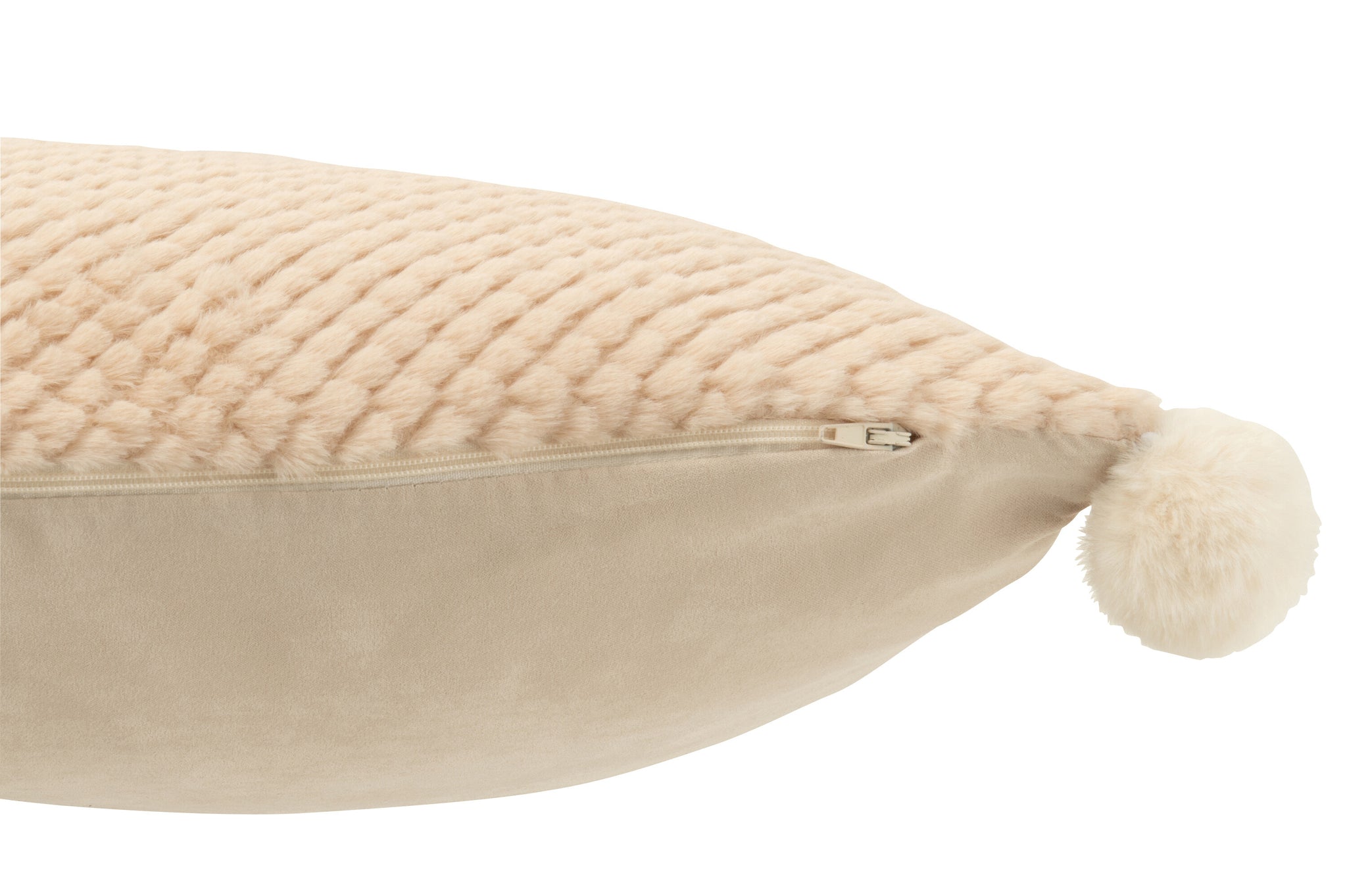 Coussin Doux Pompons Polyester Beige - J-LINE