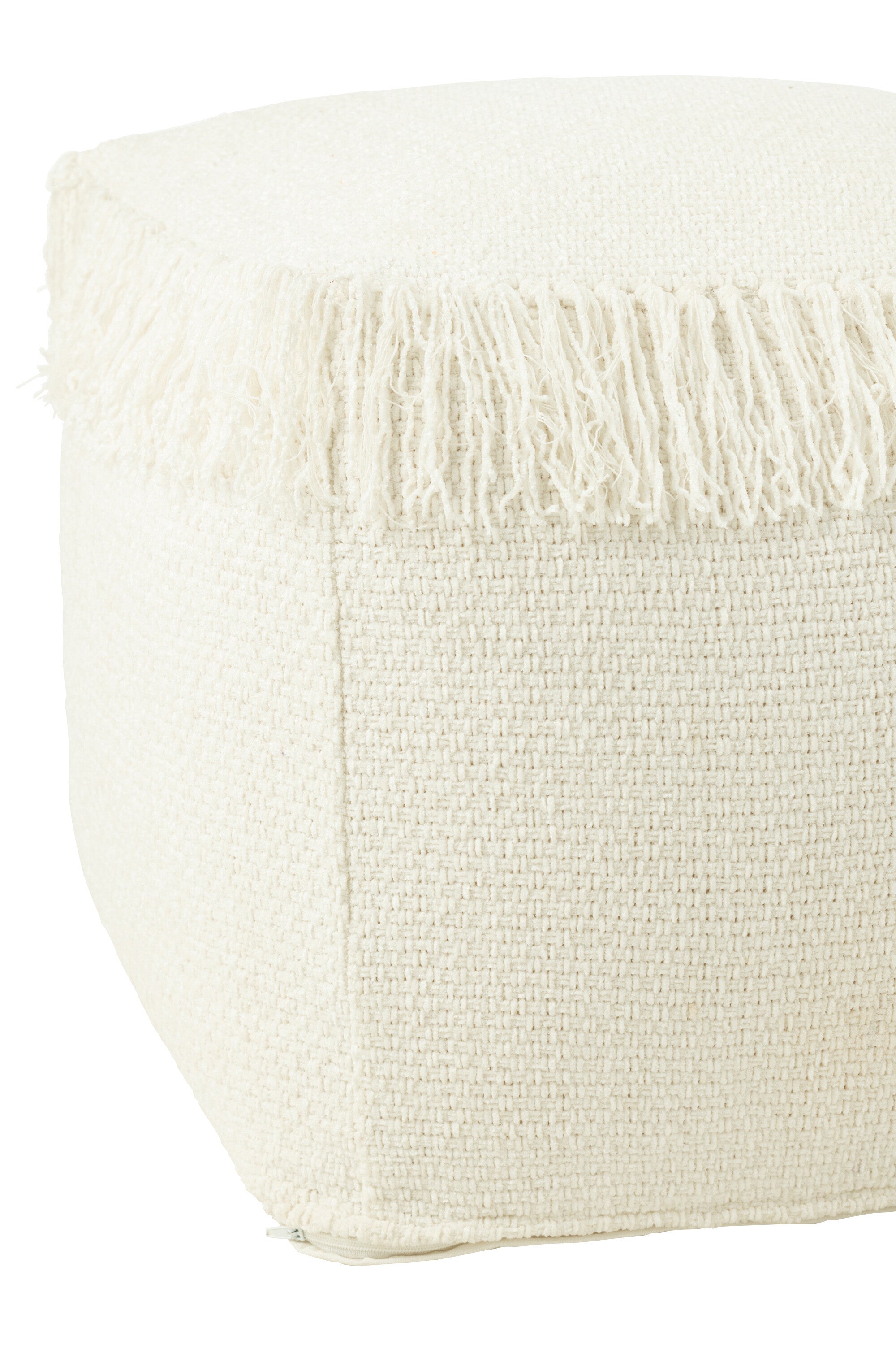 Poef Vierkant Geweven+Franjes Viscose Wit - J-LINE