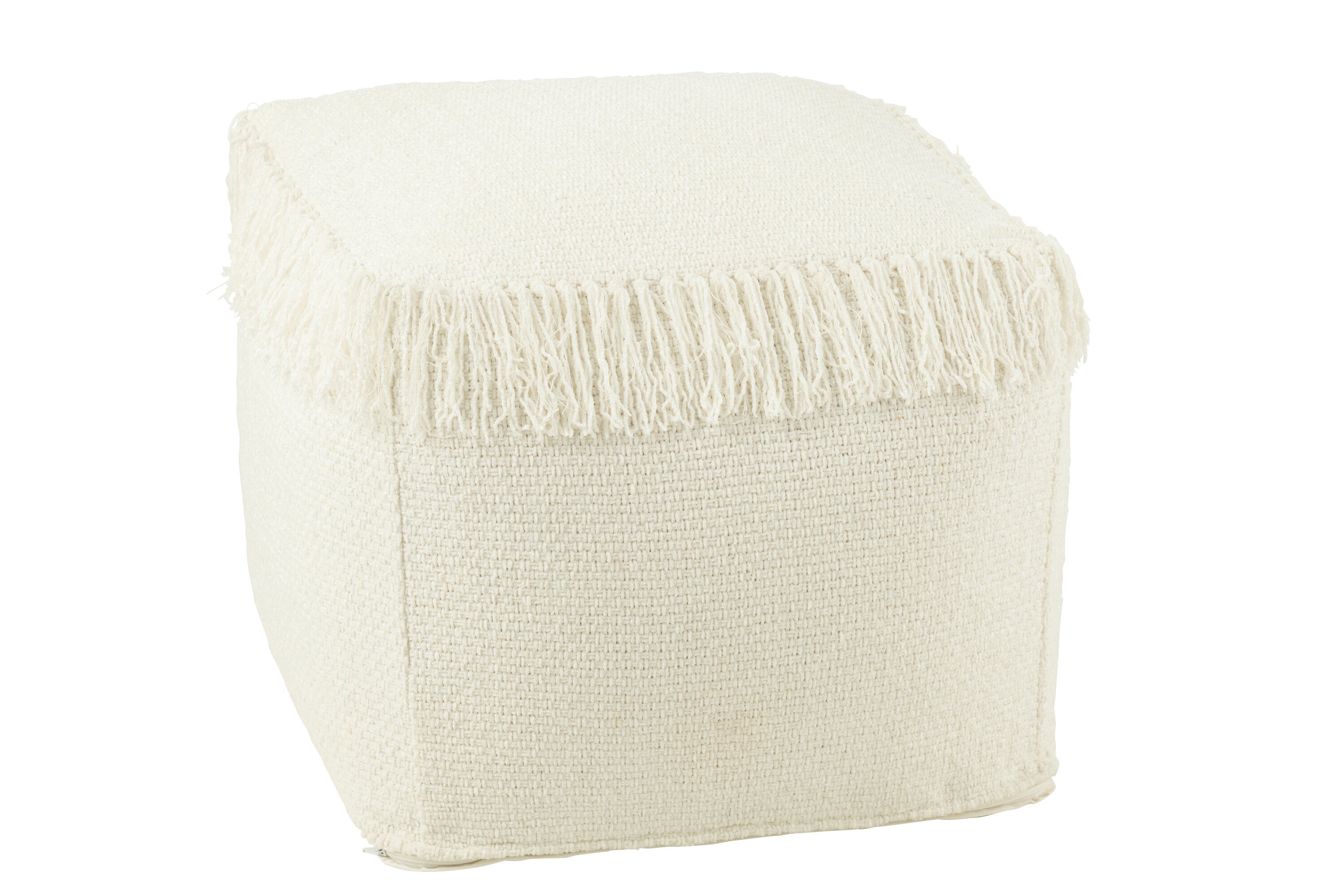 Poef Vierkant Geweven+Franjes Viscose Wit - J-LINE