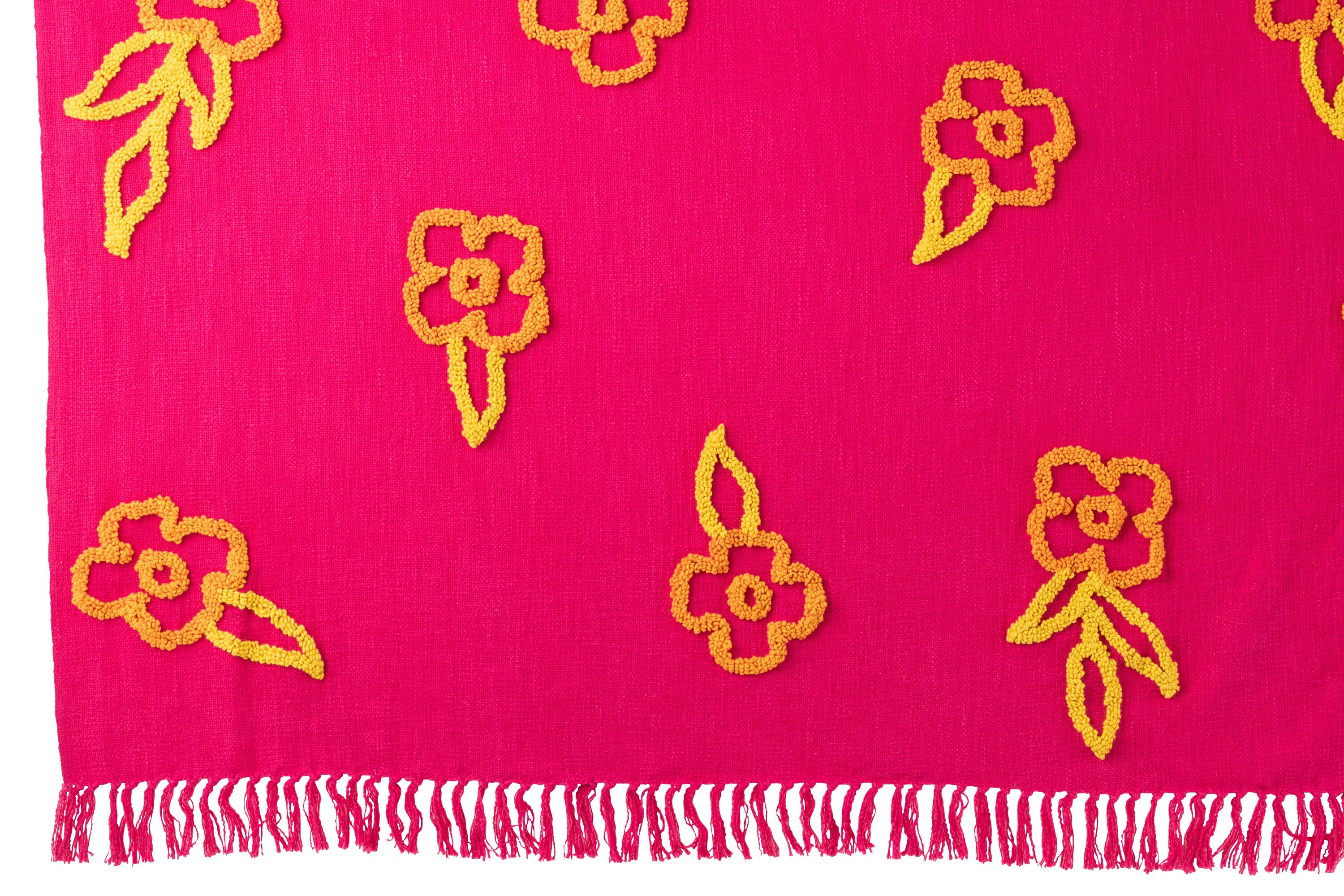 Plaid fleuri en coton rose + orange / jaune - J-LINE