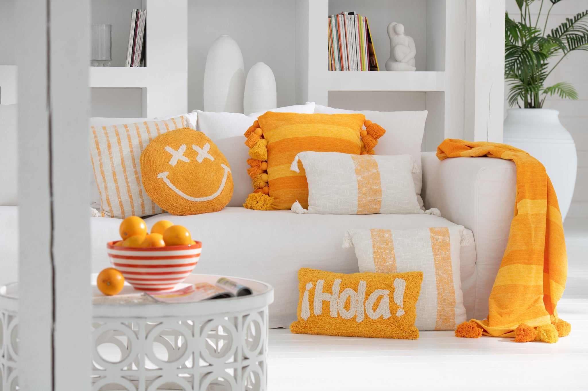 Coussin Smiley coton orange/blanc - J-LINE