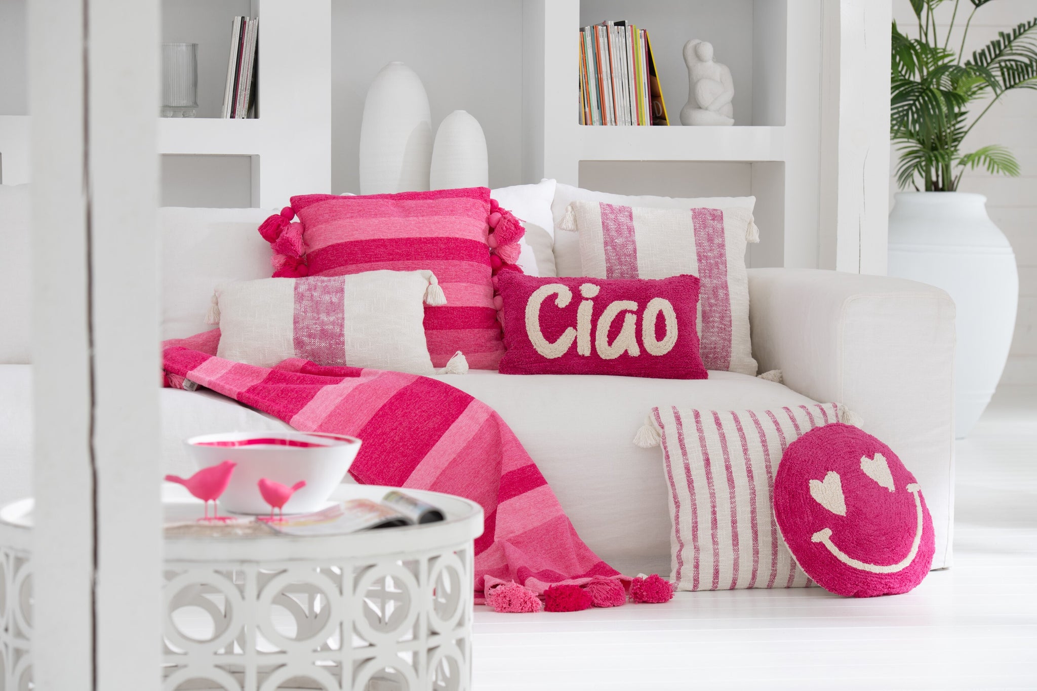 Coussin Smiley coton rose/blanc - J-LINE
