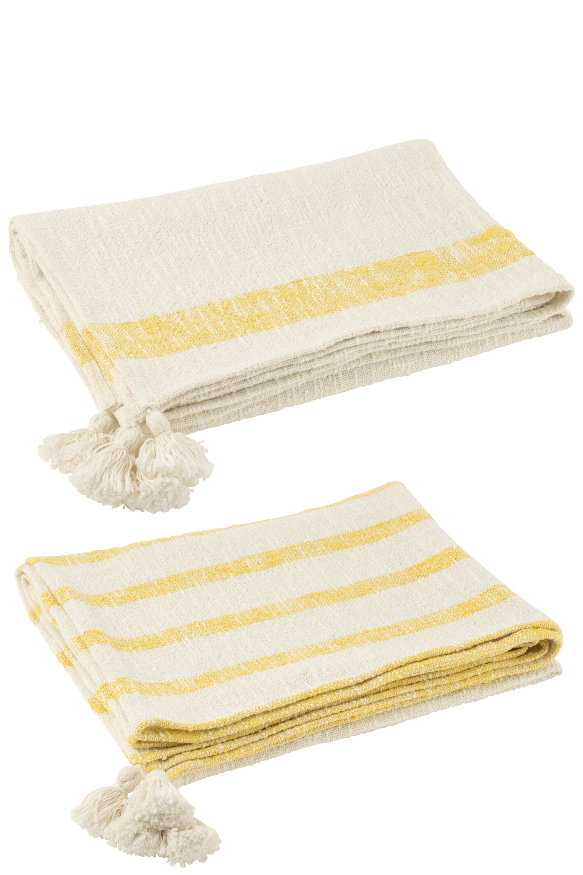 Geruite plaid strepen+kwastjes katoen wit/geel - J-LINE