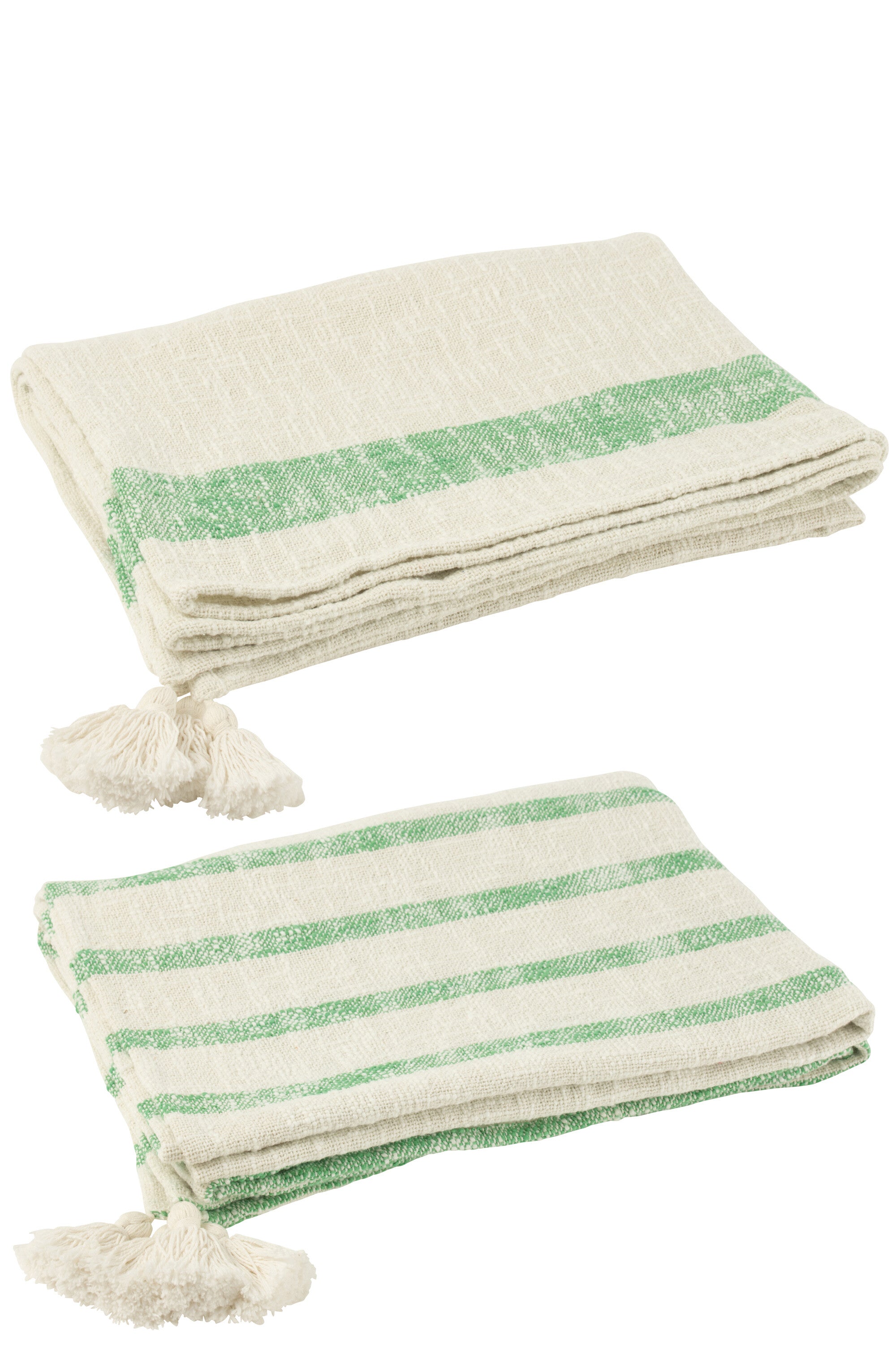 Geruite plaid strepen+kwastjes katoen wit/groen - J-LINE