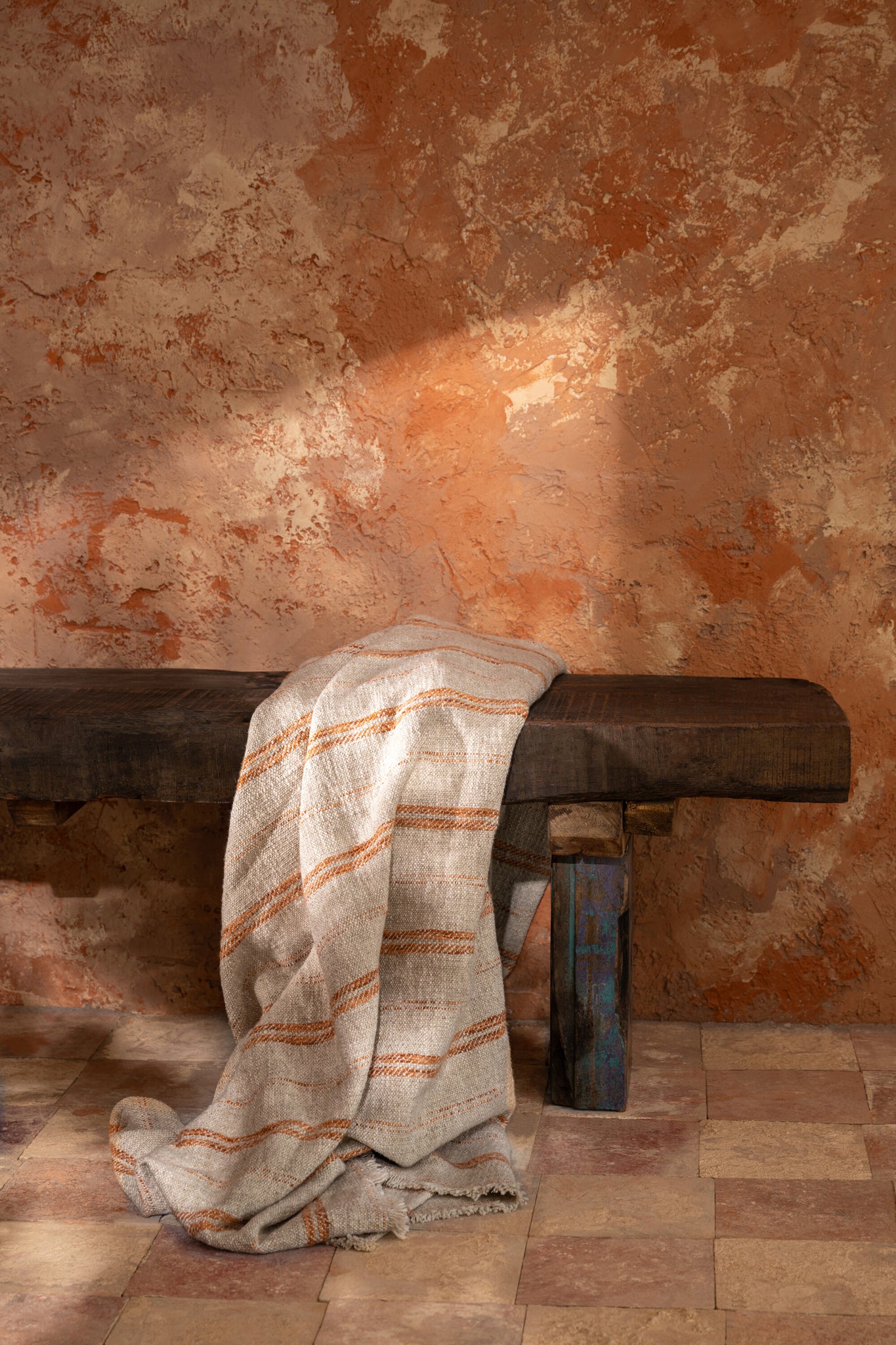 Plaid Geruite strepen linnen/katoen beige/roest. - J-LINE