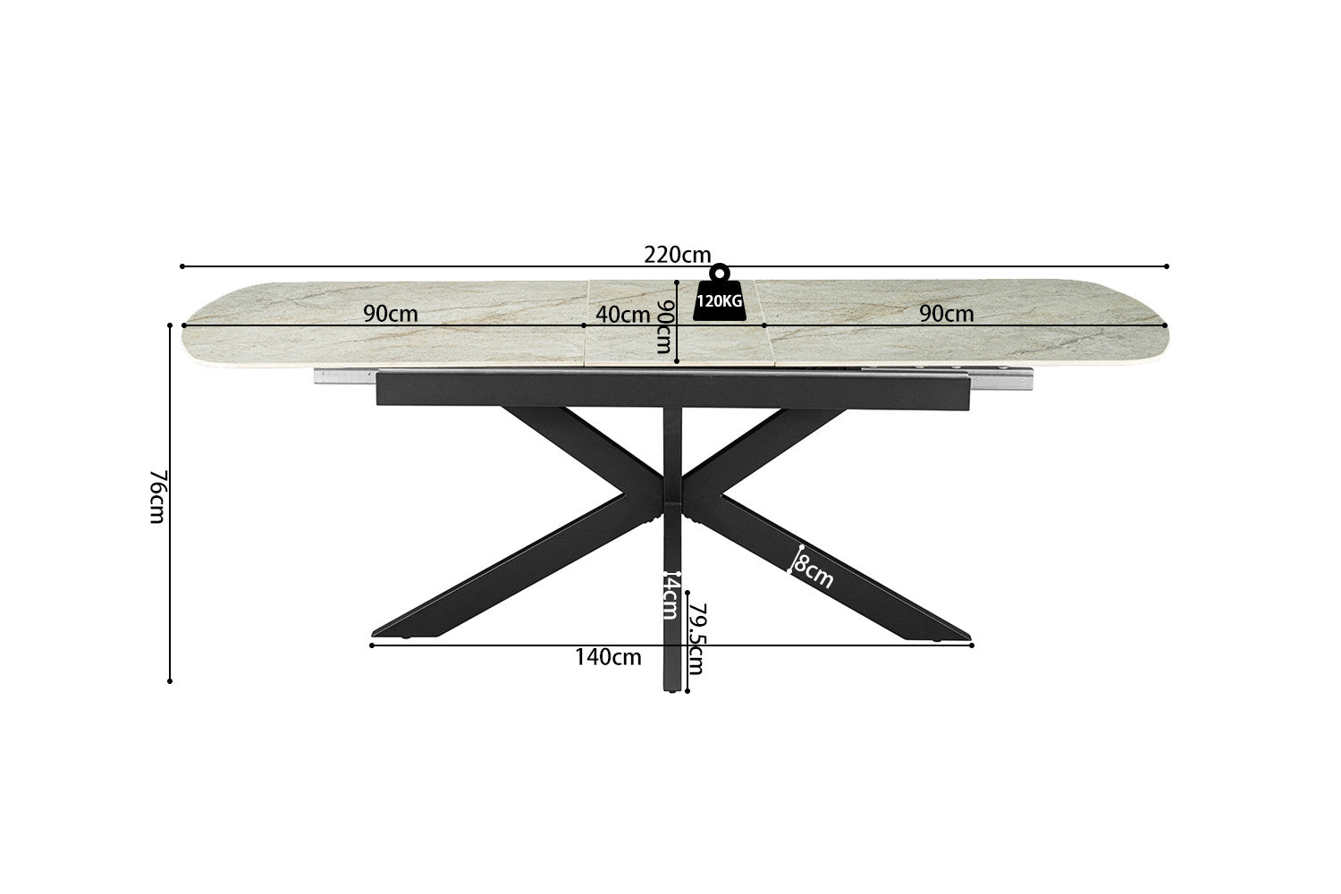 Uitschuifbare tafel 'Hestia' 180-220 cm Deens ovaal glanzend steen beige - RS