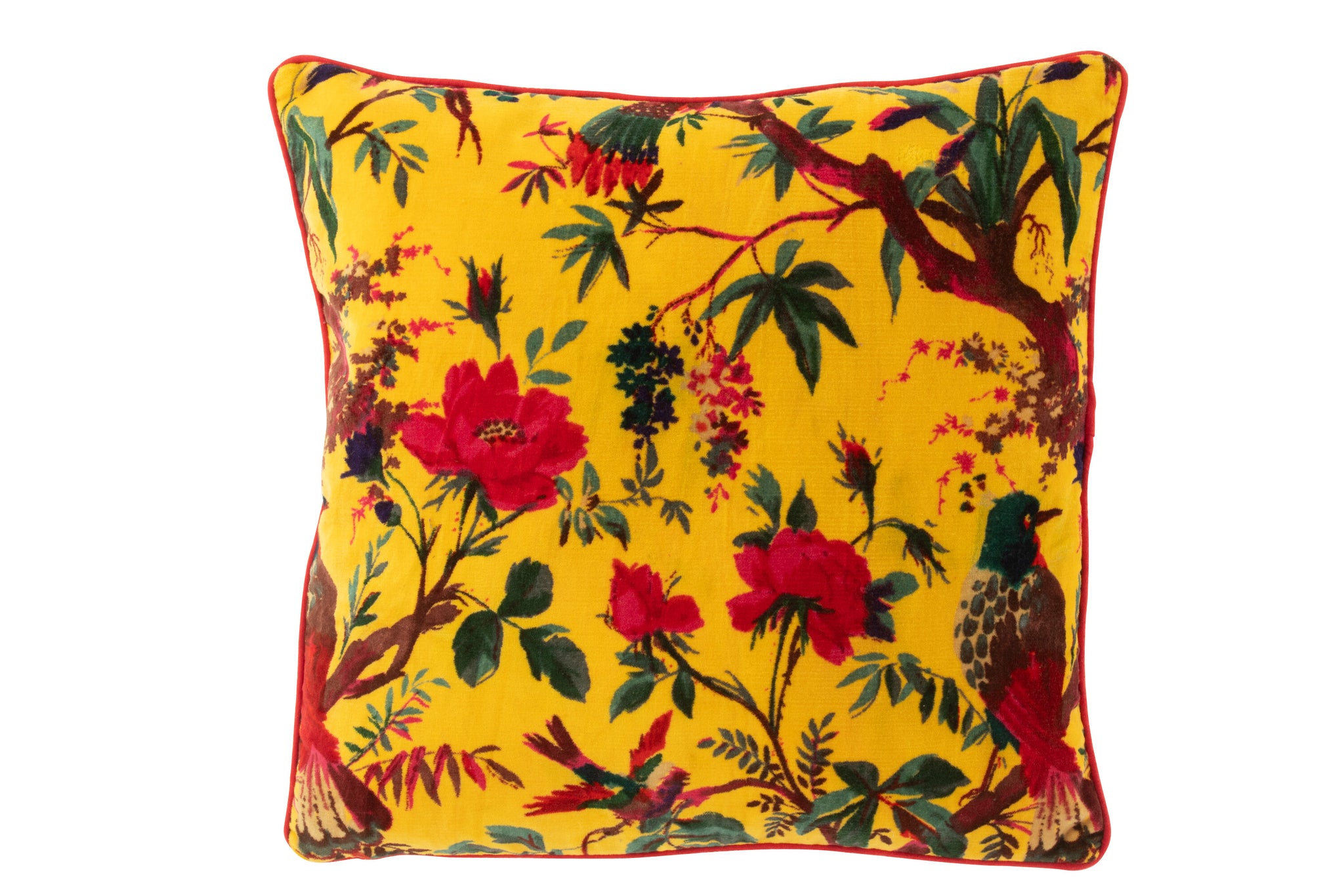 Coussin Oiseaux/Fleurs Velours de coton Jaune - J-LINE