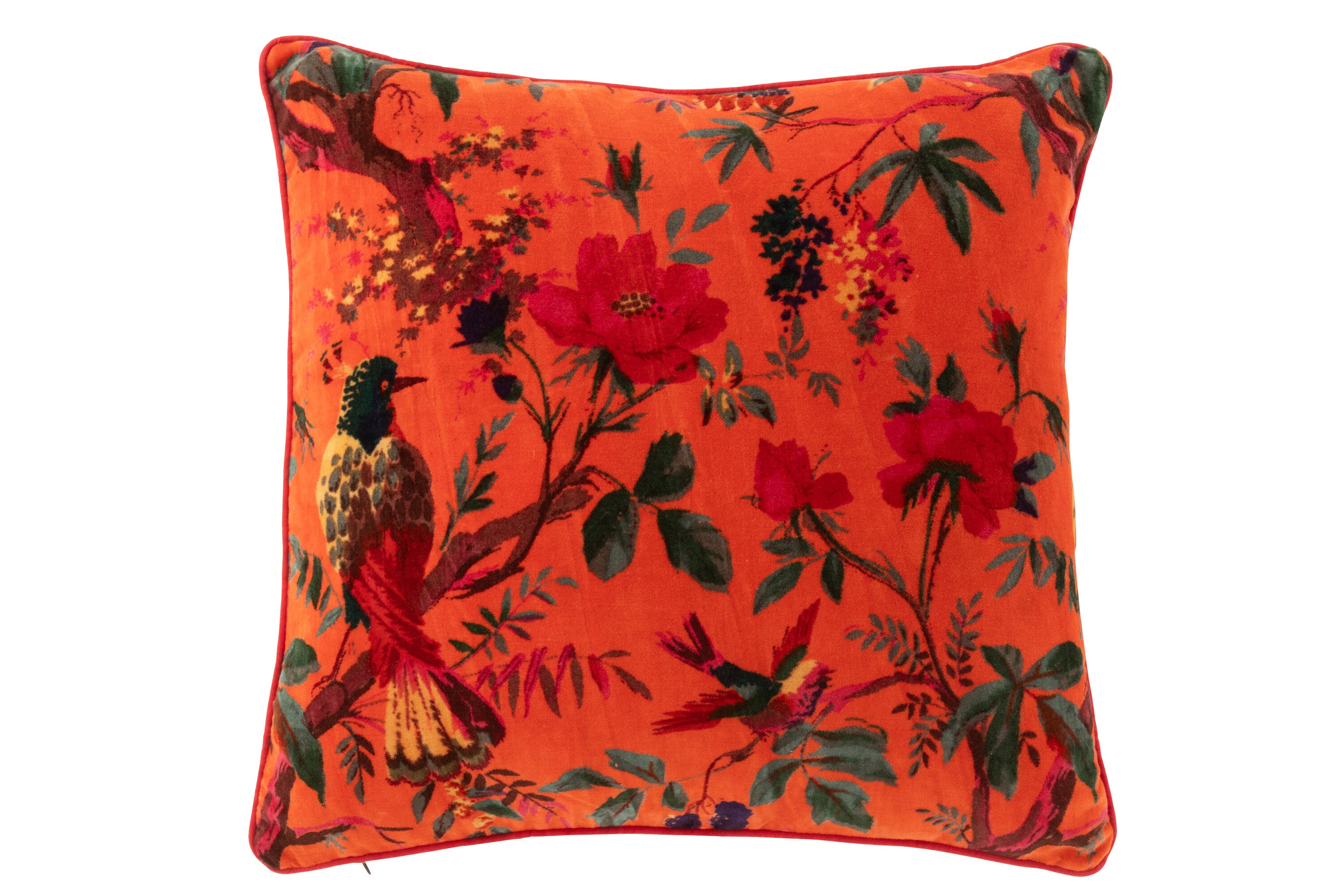Kussen Vogels/Bloemen Katoenfluweel Oranje - J-LINE