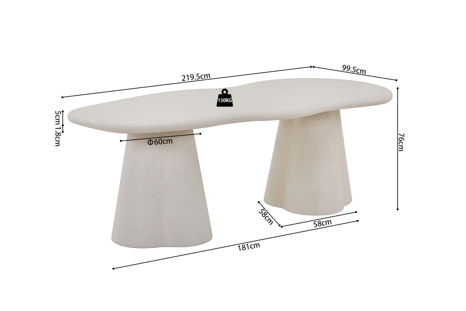 Eettafel 'Faro' 220 cm Organisch Cement - RS
