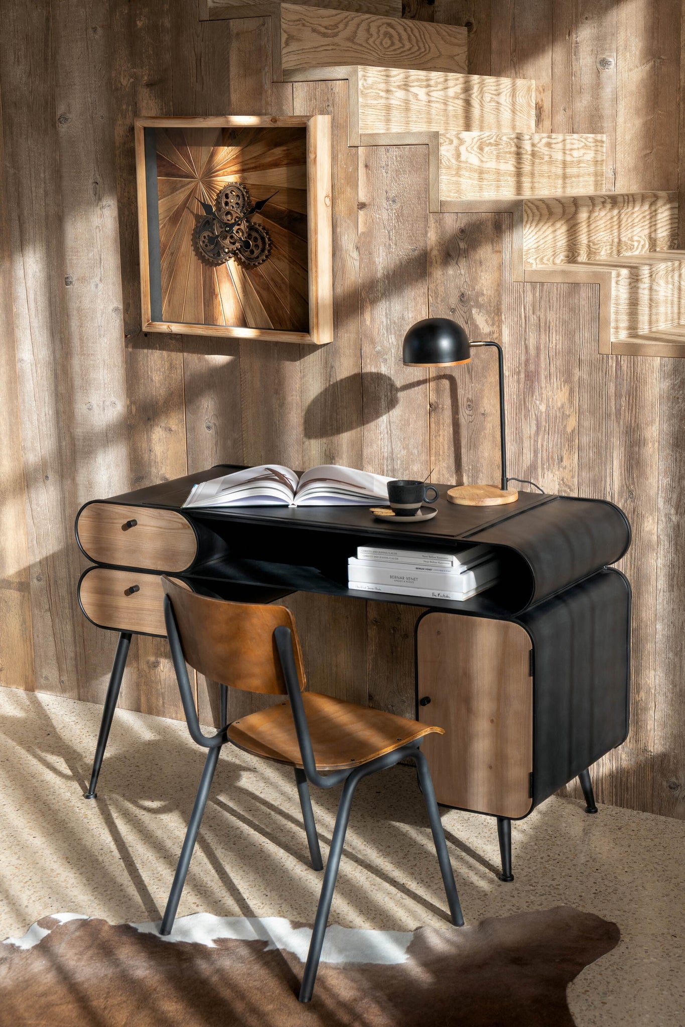 Bureau Hout En Metaal Bureau Sparrenhout Zwart/Licht Beige - J-LINE