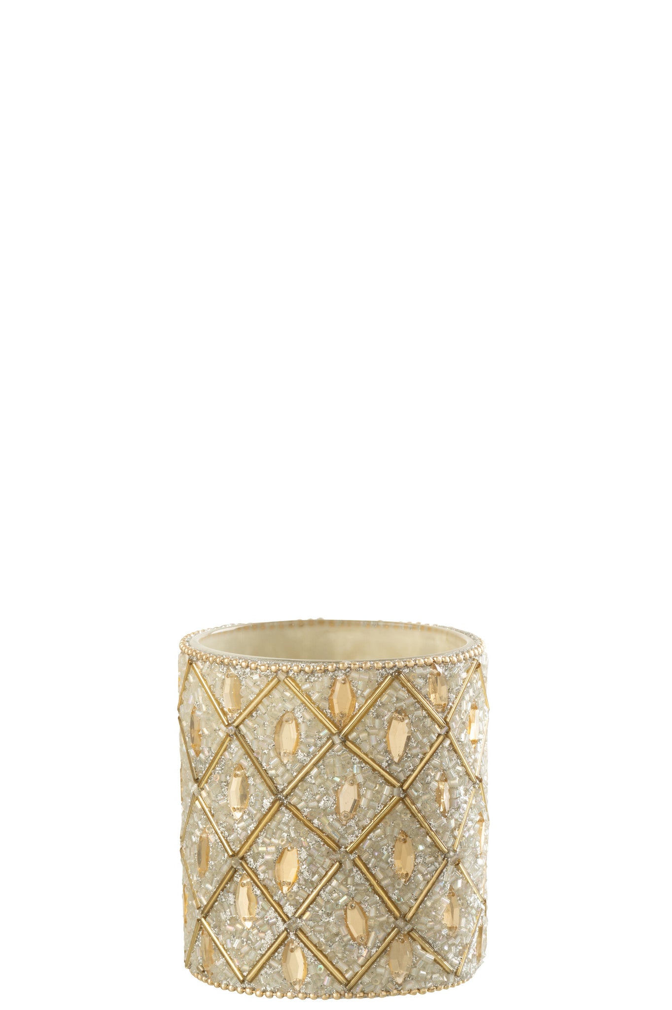 Theelicht Glas/Kralen Wit/Goudkleurig L - J-LINE