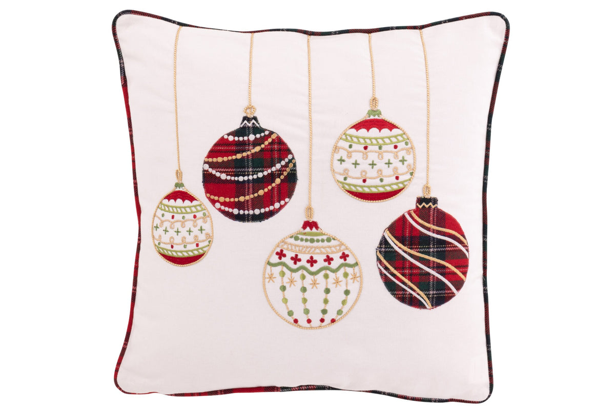 Kussen kerstballen katoen wit/kerstrood - J-Line
