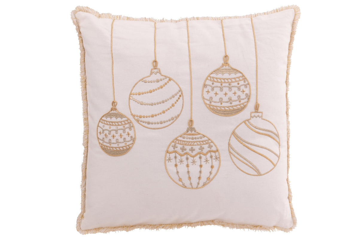 Kussen met kerstballen, katoen, wit/goudkleurig - J-Line
