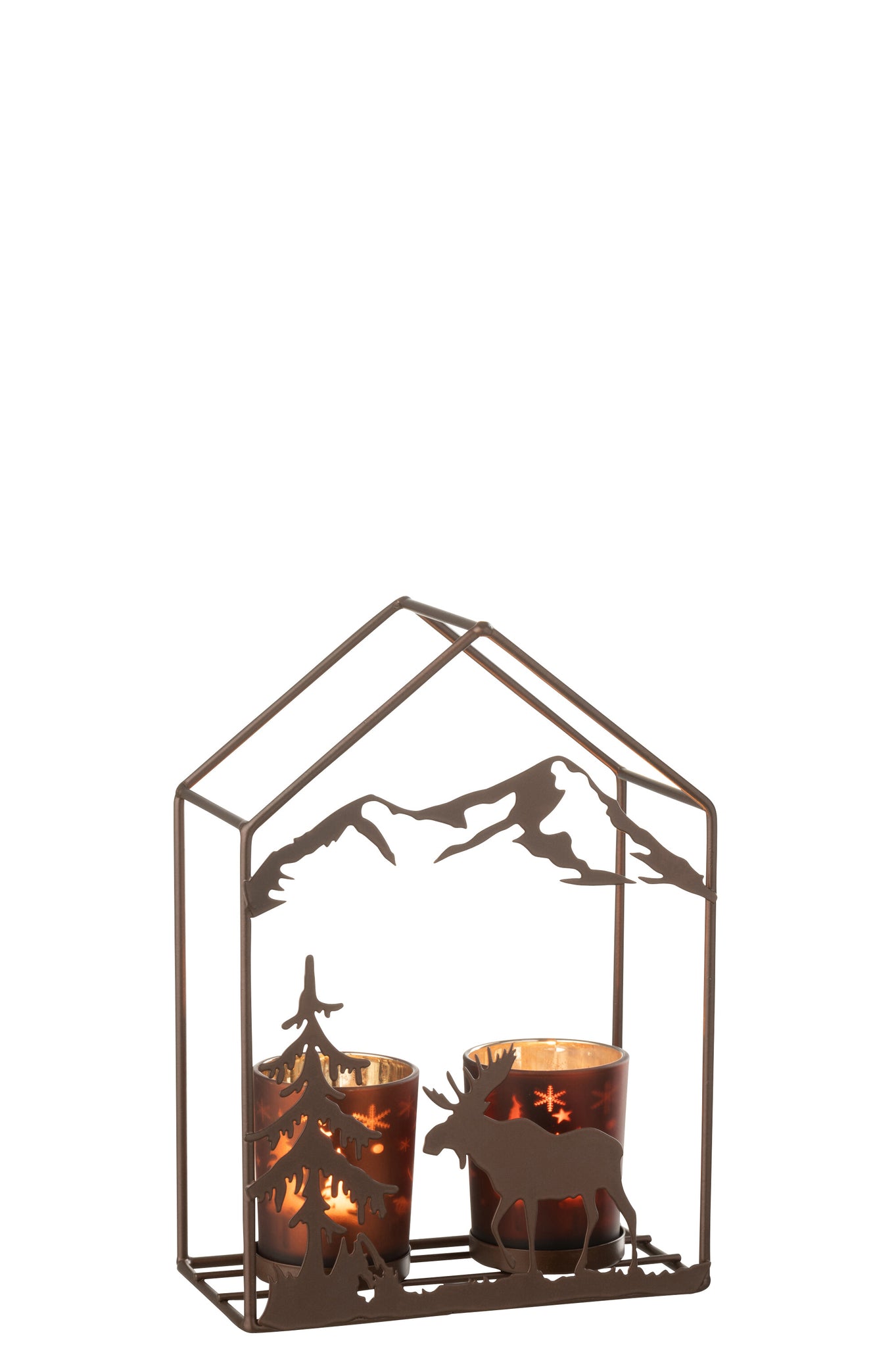 Photophore Maison 2 Verres Fer Rouille Marron/Brun - J-LINE