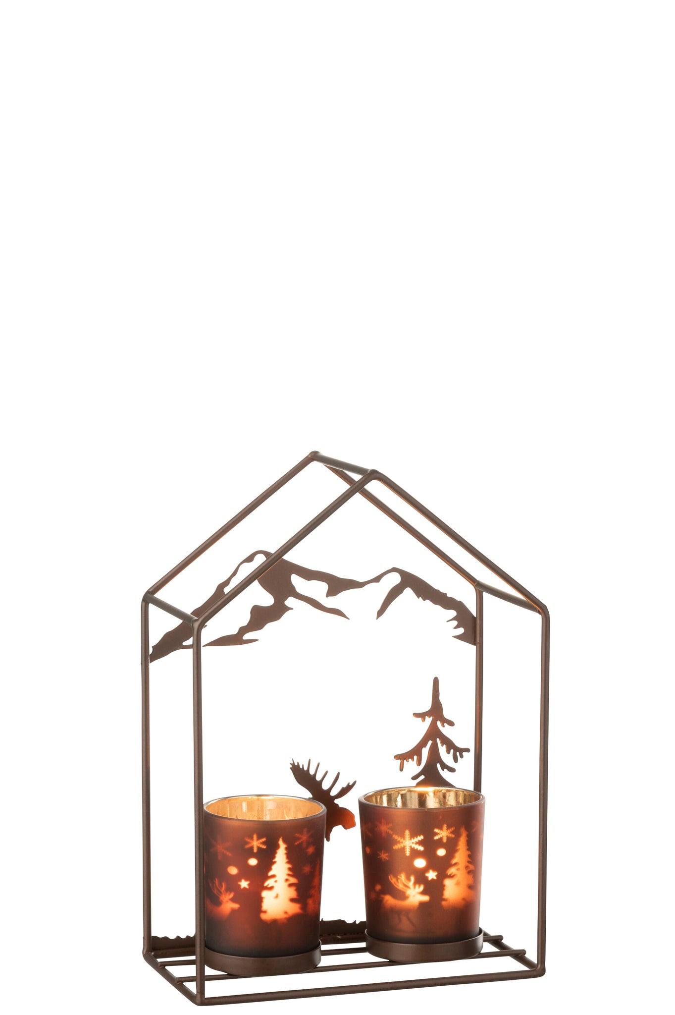 Photophore Maison 2 Verres Fer Rouille Marron/Brun - J-LINE