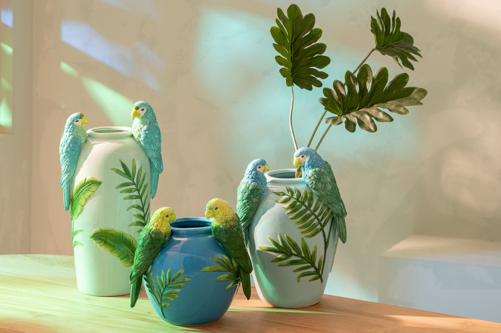 Vaas Papegaaien Keramiek Groen/Blauw S - J-LINE