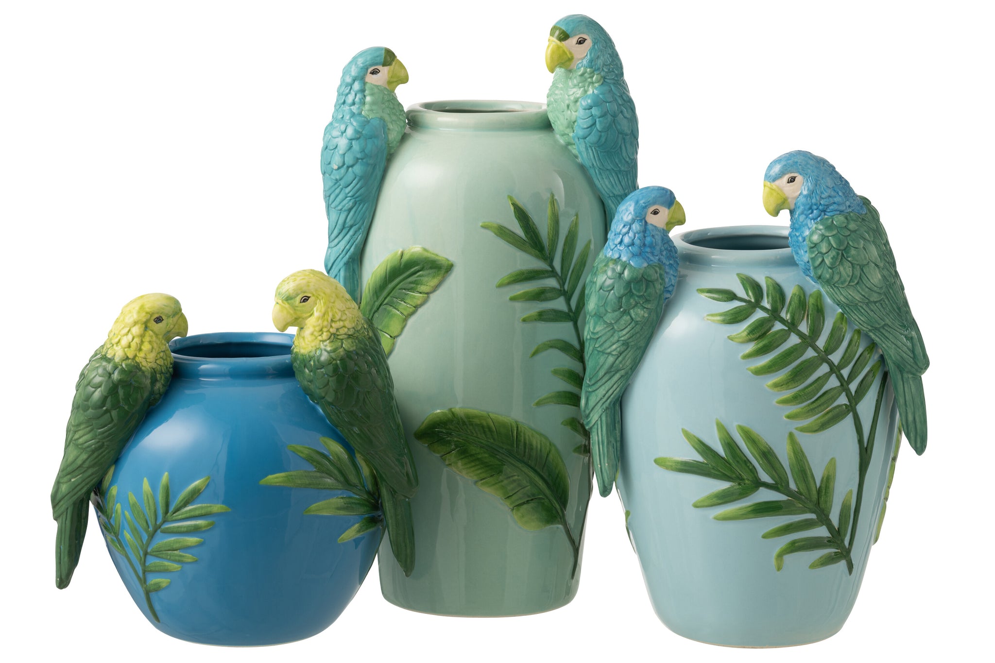 Keramische vaas met papegaaien, groen/blauw, L - J-LINE