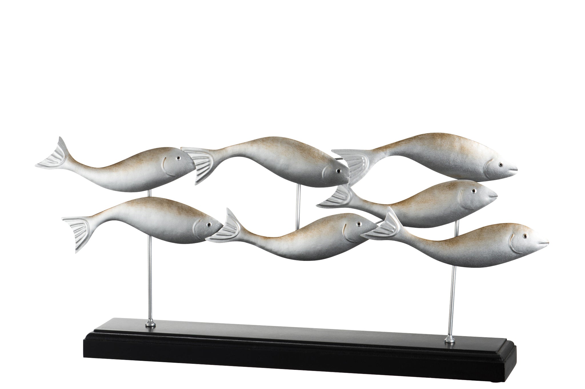 Vis op voet, 7 vissen, metaal/hout, zilver/zwart - J-LINE
