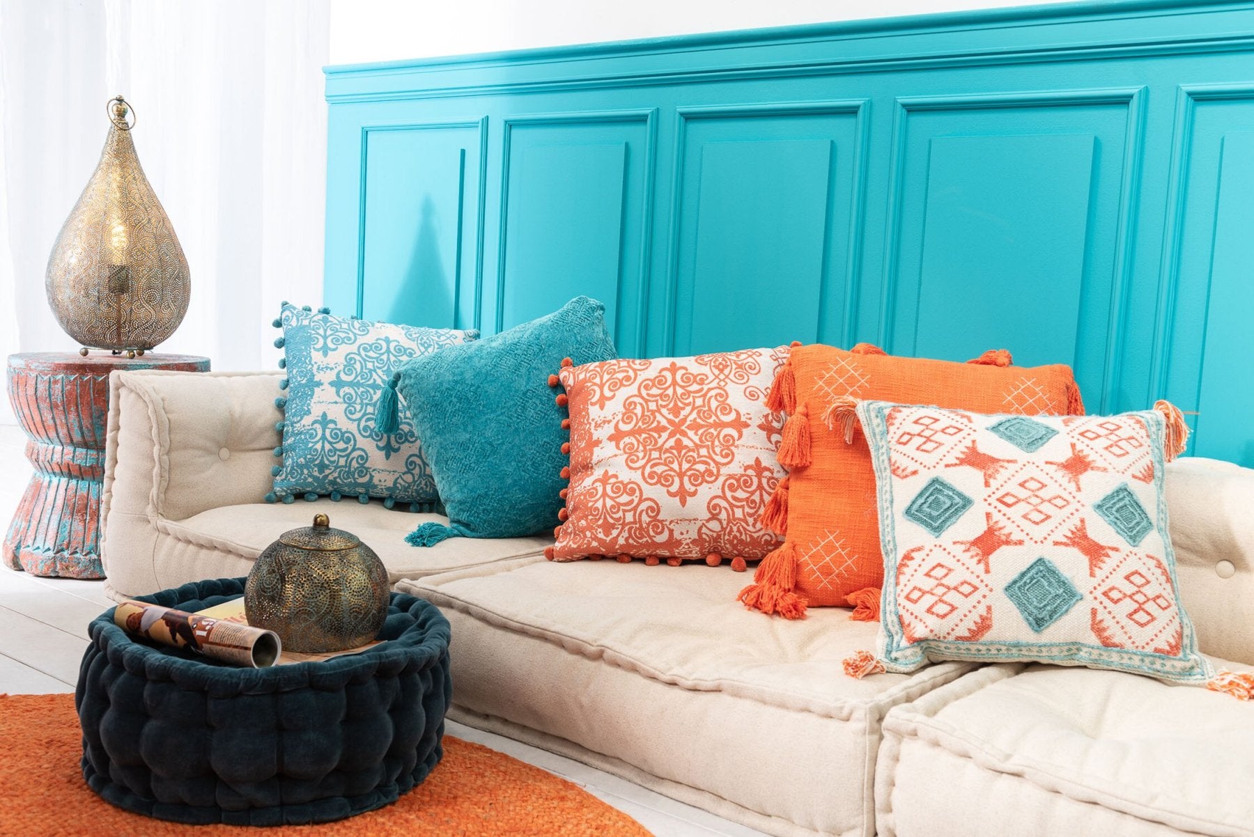Plaid Pompom polyester bleu - J-LINE