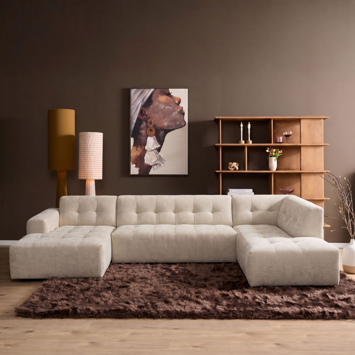 Salon Ruby U-bank beige lounge links + 2,5-zits + ottomane rechts - STF
