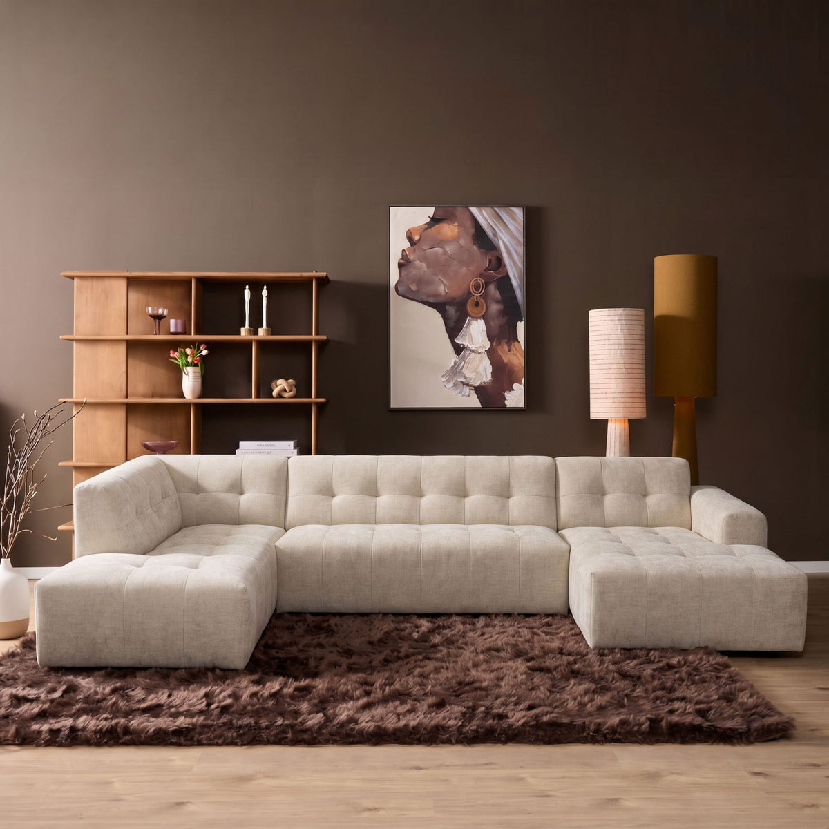 Salon Ruby U-bank beige ottomane links + 2,5-zits + lounge rechts - STF