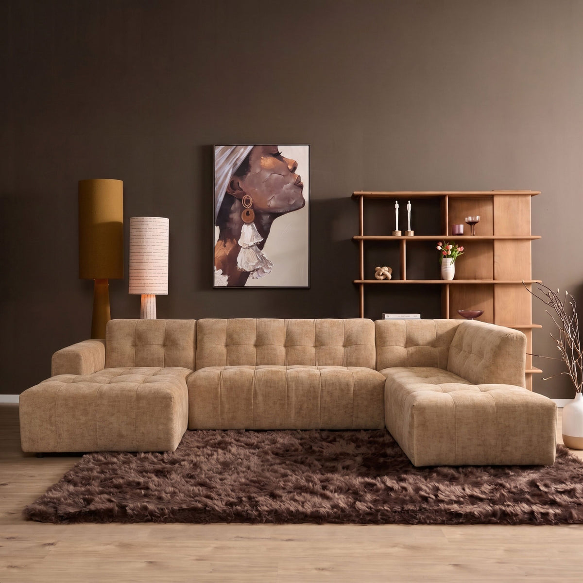 Salon Ruby U-bank camel lounge links + 2,5-zits + ottomane rechts - STF