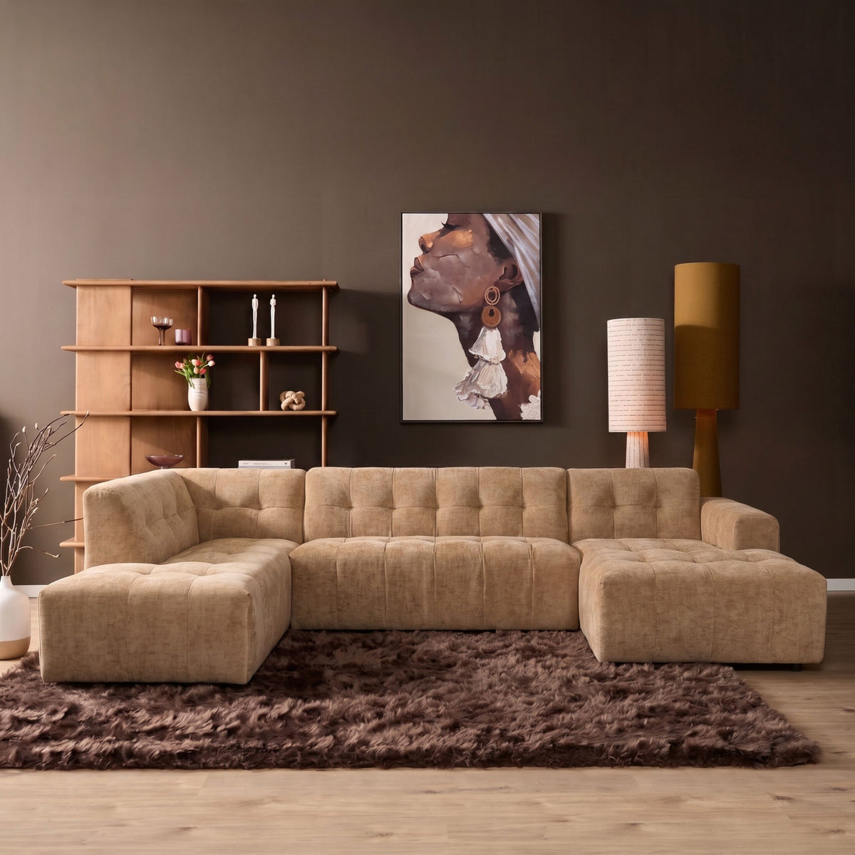 Salon Ruby U-bank camel ottomane links + 2,5-zits + lounge rechts - STF