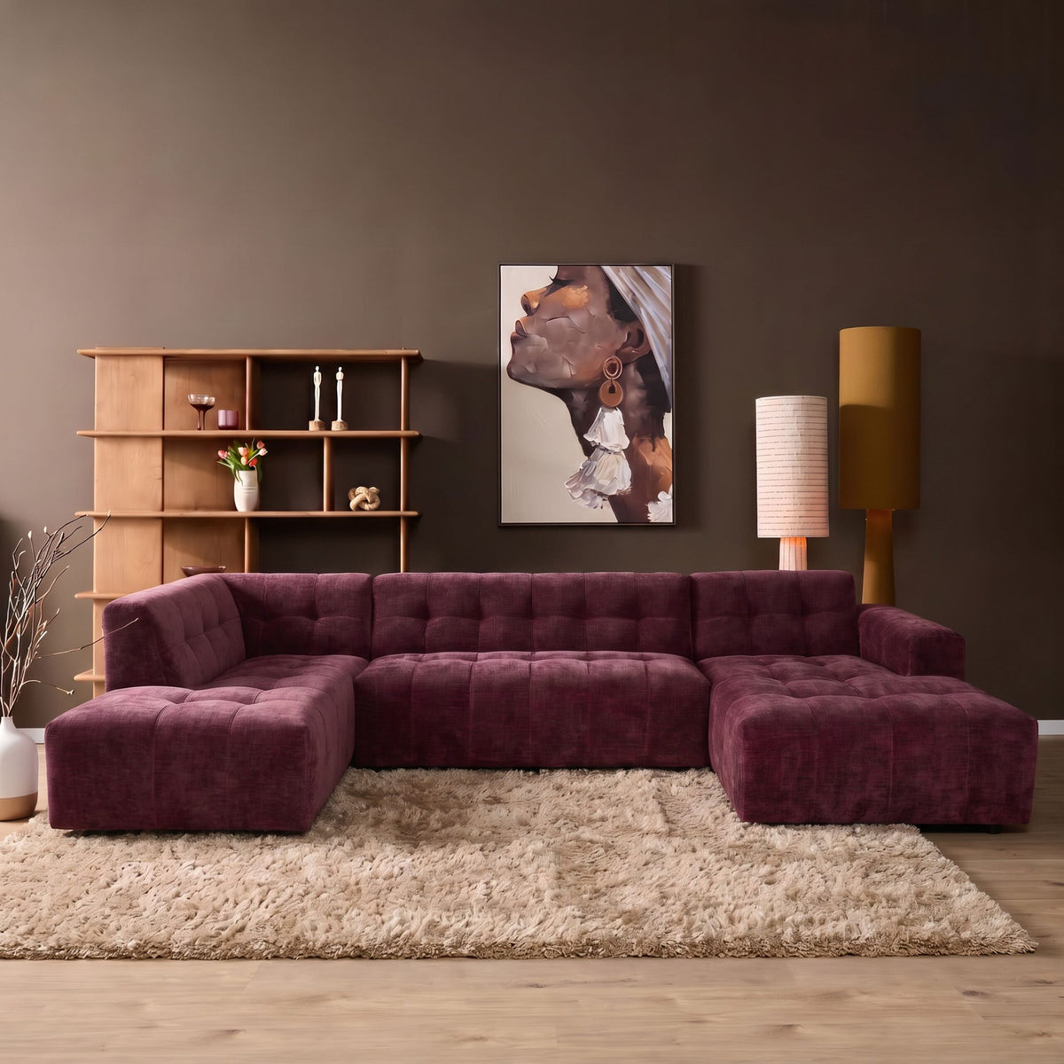 Salon Ruby U-bank paars ottomane links + 2,5-zits + lounge rechts - STF