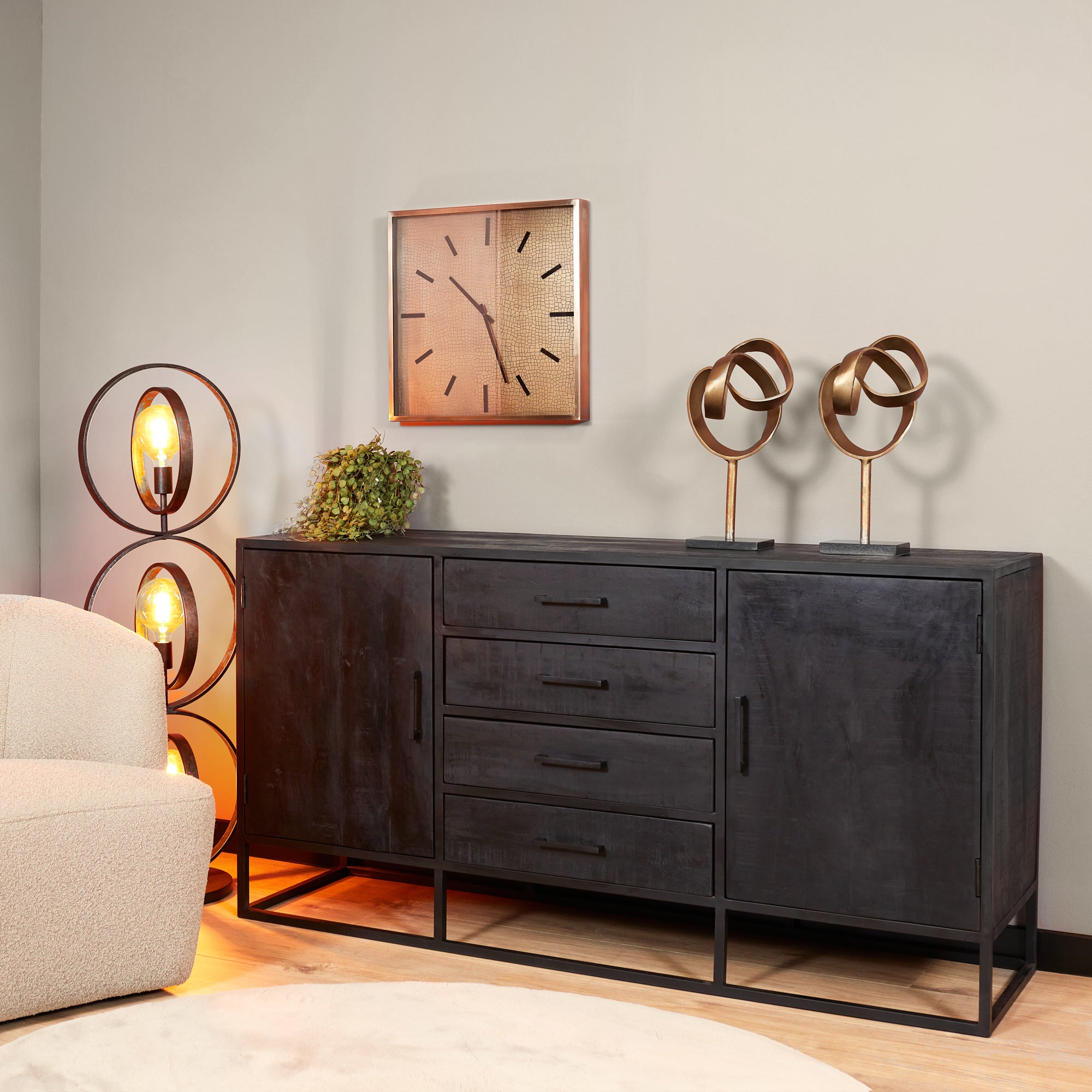 Dressoir Denver Zwart 165 cm | Mangohout en staal  - STF