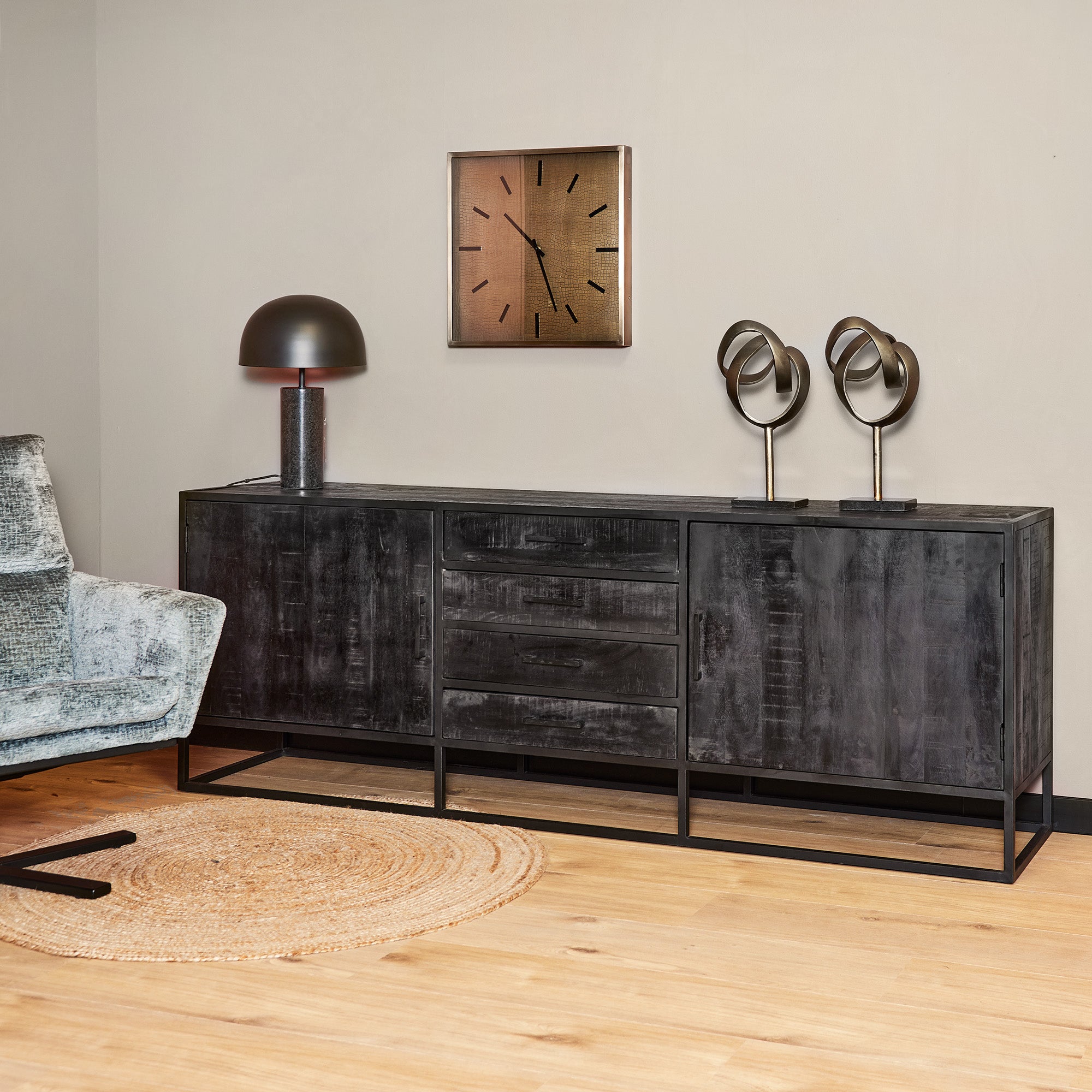 Dressoir Denver Zwart 210 cm | Mangohout en staal  - STF