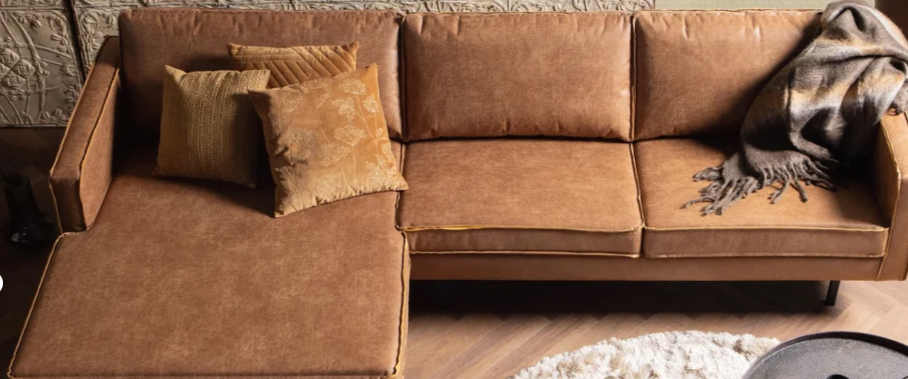 Salonset Rodeo - chaise longue links - ecoleer cognac, zwart of mosgroen - EEKH