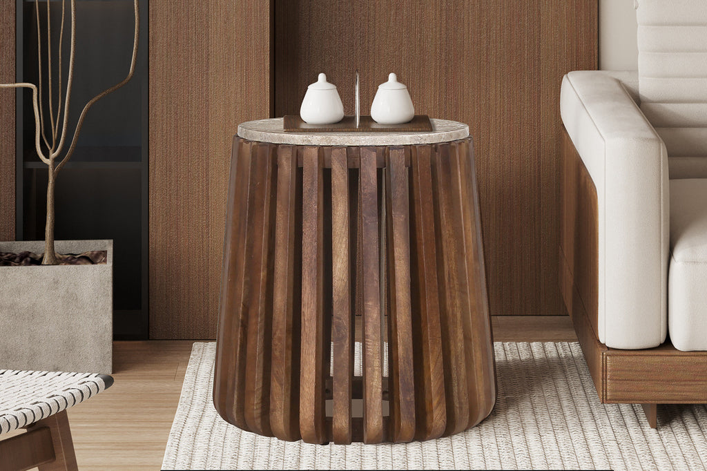 Bijzettafel 'Luuk' 40 cm Round Mangohout met Travertin Beige RS