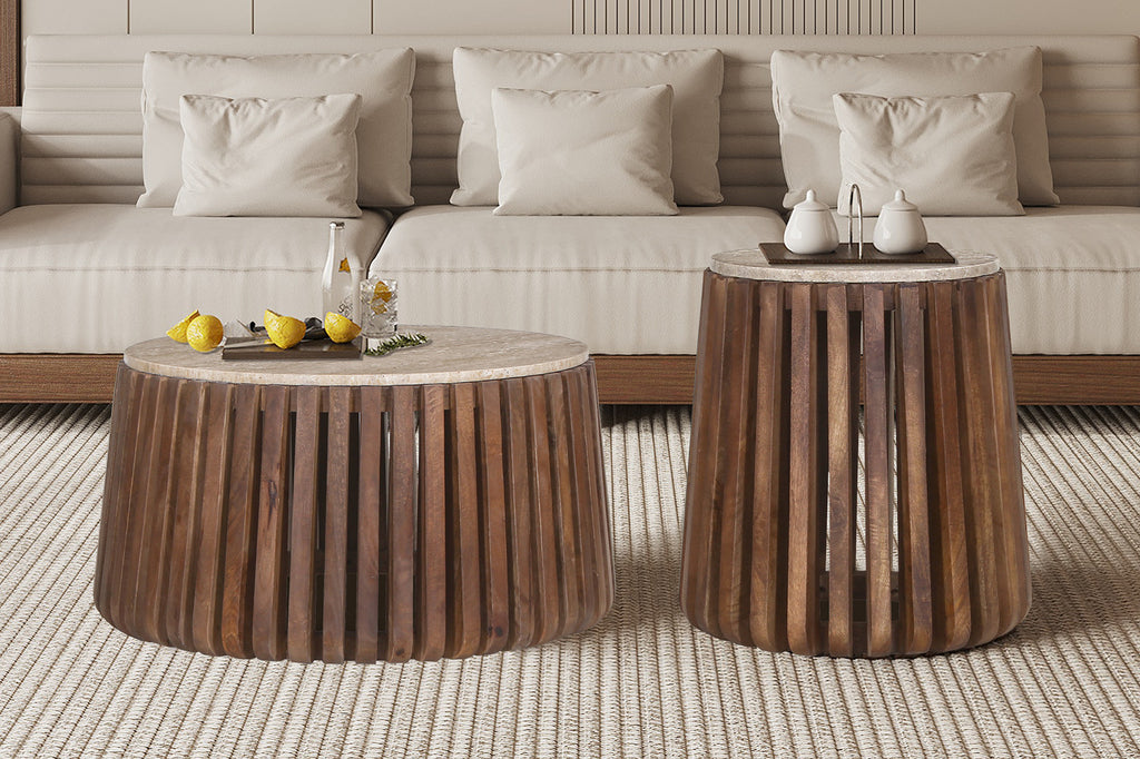 Bijzettafel 'Luuk' 40 cm Round Mangohout met Travertin Beige RS