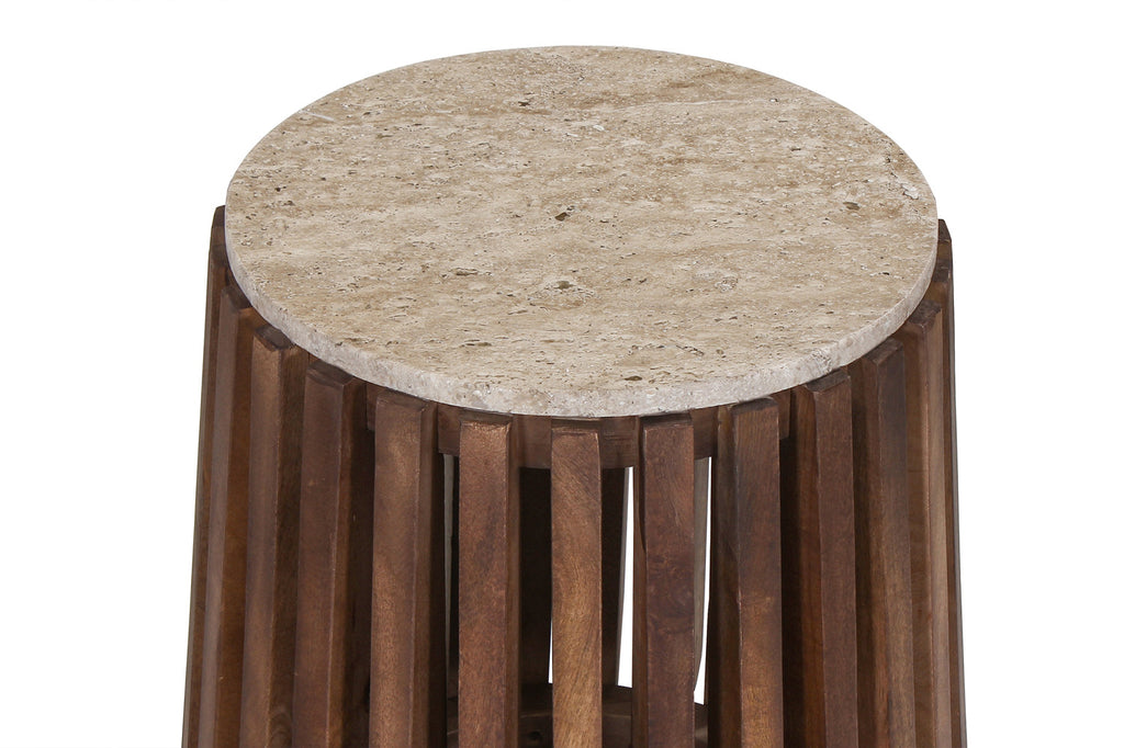 Bijzettafel 'Luuk' 40 cm Round Mangohout met Travertin Beige RS