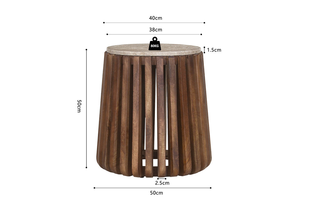 Bijzettafel 'Luuk' 40 cm Round Mangohout met Travertin Beige RS