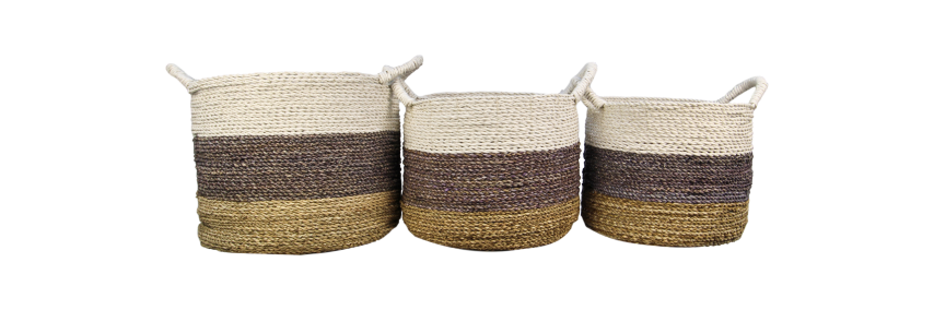 Mandenset Malibu - natuurlijk/paars/wit - raffia/zeegras - set van 3