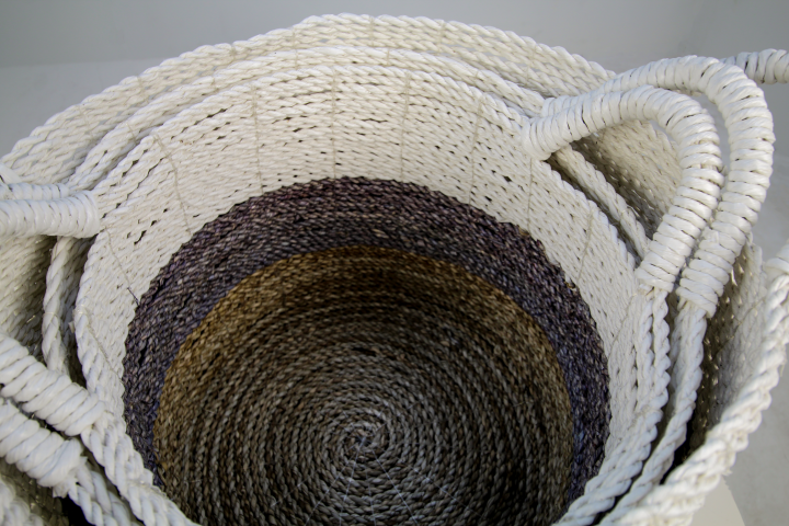 Mandenset Malibu - natuurlijk/paars/wit - raffia/zeegras - set van 3