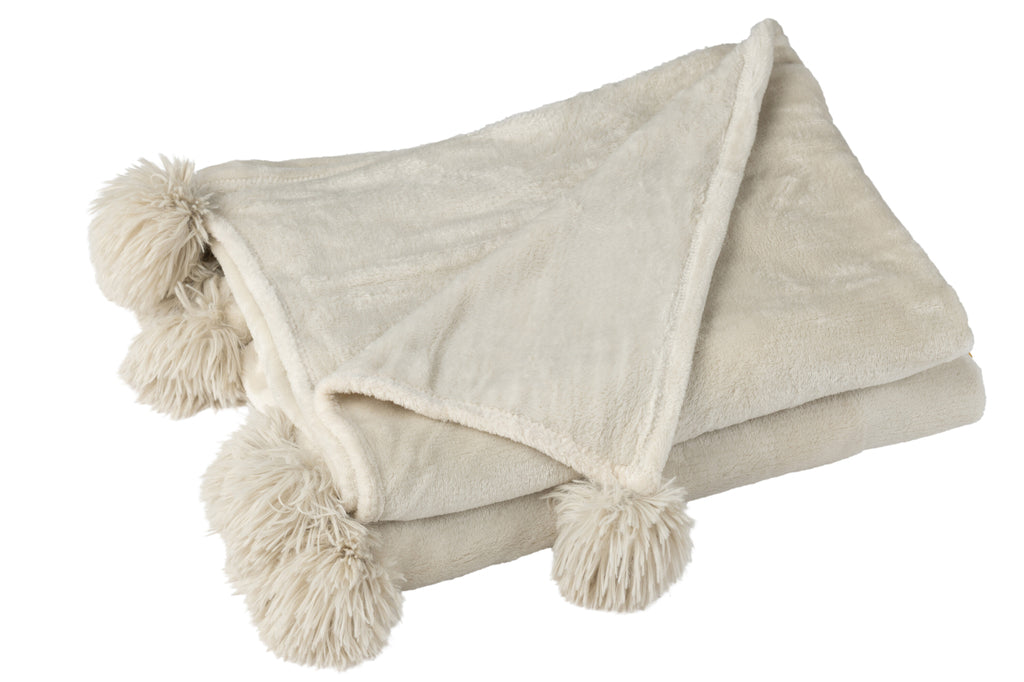 plaid Pompom Polyester Beige/Mint - J-LINE