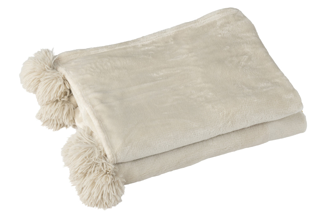 plaid Pompom Polyester Beige/Mint - J-LINE