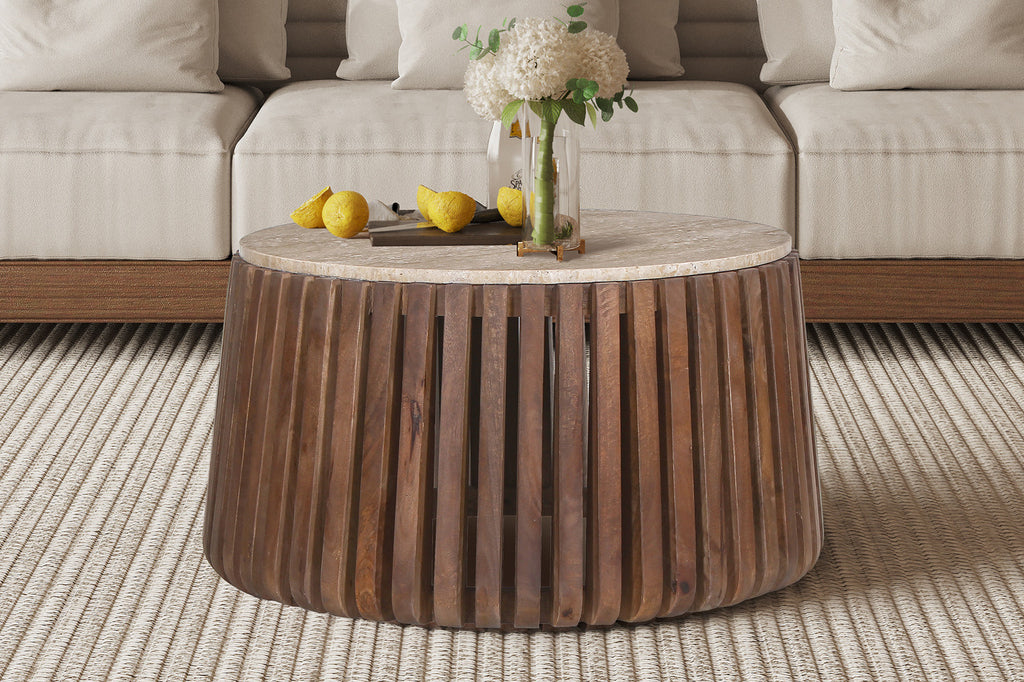 Salontafel 'Luuk' 70 cm Rond Mango hout met Travertin Beige - RS