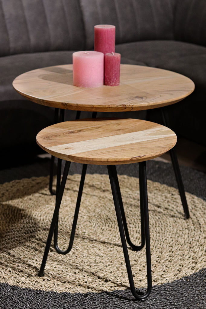 Salontafel Zurich - ø60/ø40 - Natuurlijk/zwart - Acaciahout/ijzer - Set van 2 - HSM