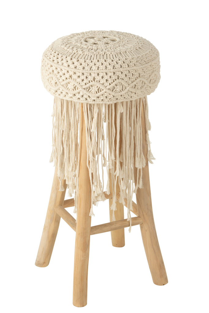 Barstoel Kwasten Hout/Macramé Wit - J-LINE